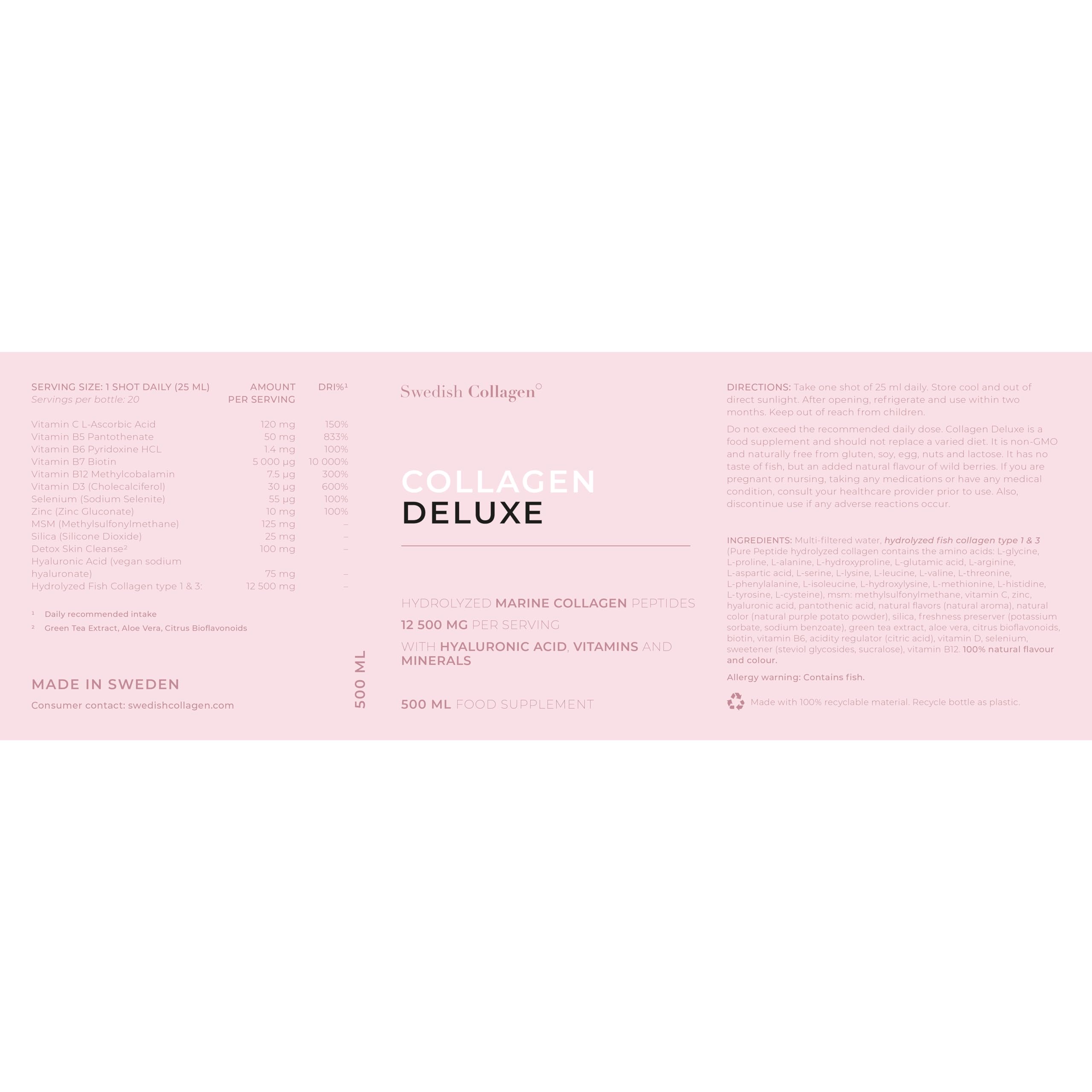 Swedish Collagen - 12500mg Collagen Deluxe 500ml I Hydrolyzed Marine Collagen Peptides (Type I & III) Swedish Collagen uk supplements