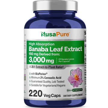 NusaPure Banaba Leaf 20:1 Extract, 150 mg Equivalent to 3,000mg Veg Caps, 220 Days Supply (Non-GMO & Vegan) 2% Corosolic Acid NusaPure uk supplements