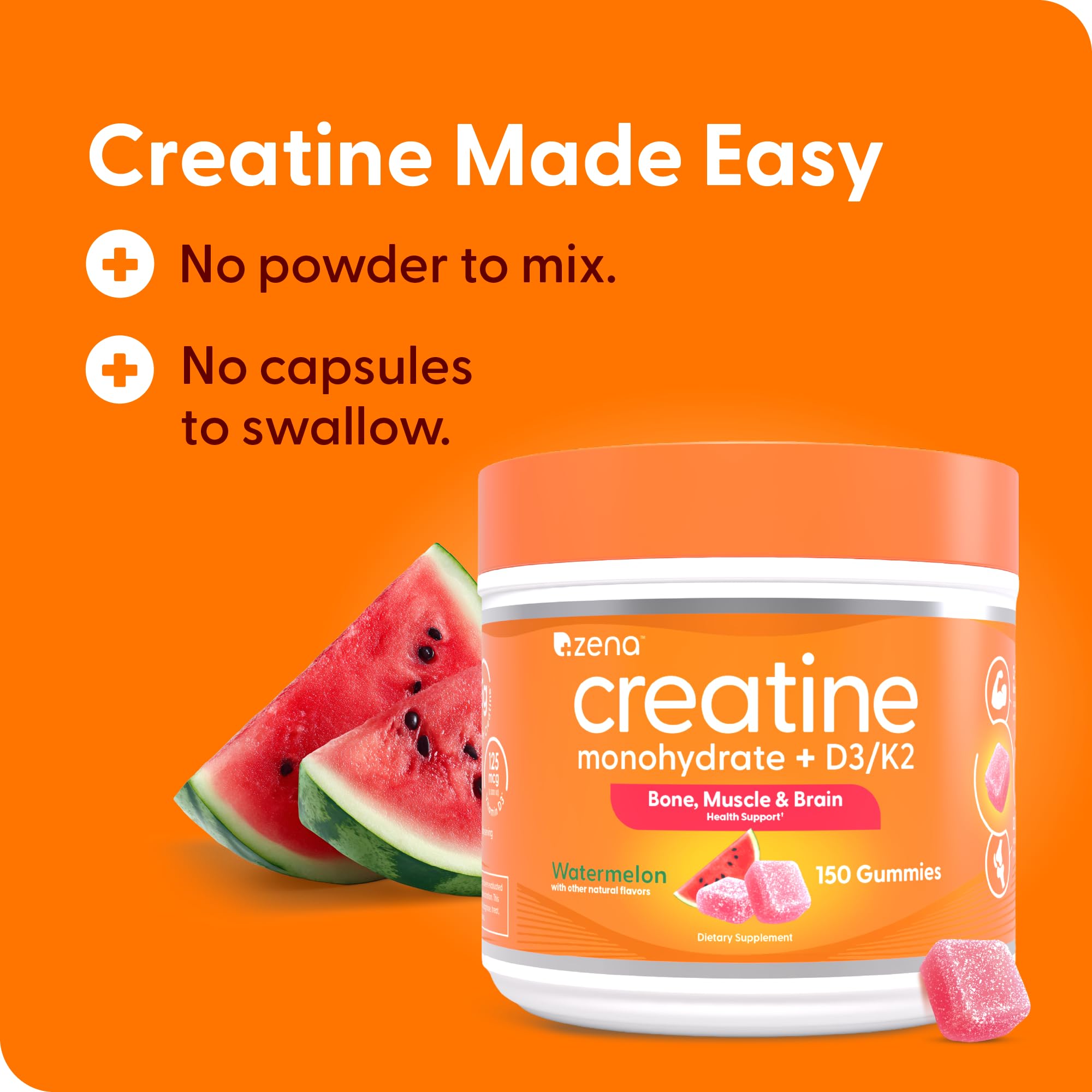 Zena Nutrition Creatine Gummies with D3 & K2, Creatine Monohydrate for Men and Women, Supports Bone, Muscle, & Cognitive Health, Gummy Workout Supplement, Watermelon Flavor, 150ct, 30 Daily Servings Zena Nutrition uk supplements