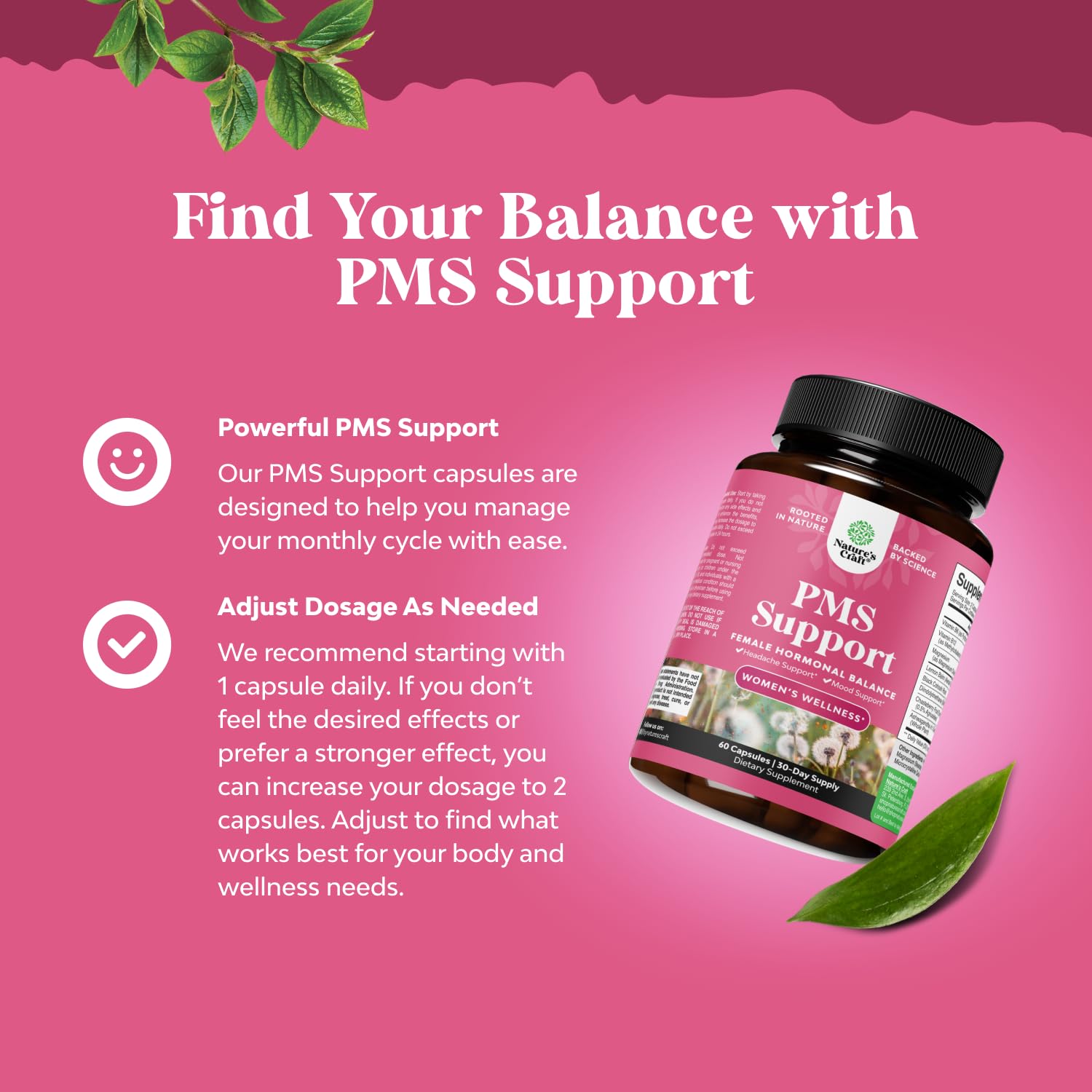 PMS Support Supplement for Women – Hormone Balance for Women & Menstrual Discomfort with DIM, Chasteberry, Black Cohosh & Ashwagandha - for Period Cramps Ease, Menopause Bloating, Mood Swing – 60 Ct Natures Craft uk supplements