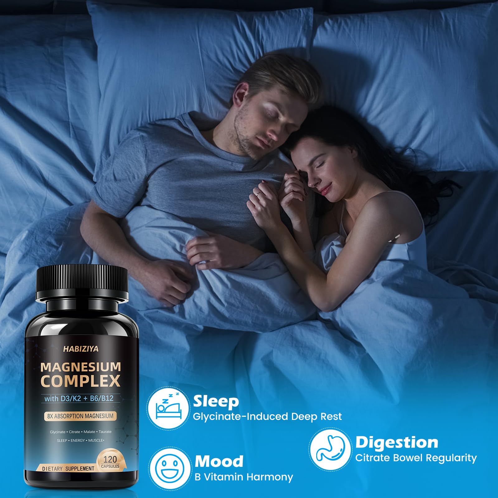 Magnesium Complex Supplement 600mg with with D3 K2 MK7 & B Vitamins High Absorption Capsules with Glycinate, Citrate & Malate,Taurate Relaxation,Muscle,Heart Support, Vegan 120 Capsules HABIZIYA uk supplements