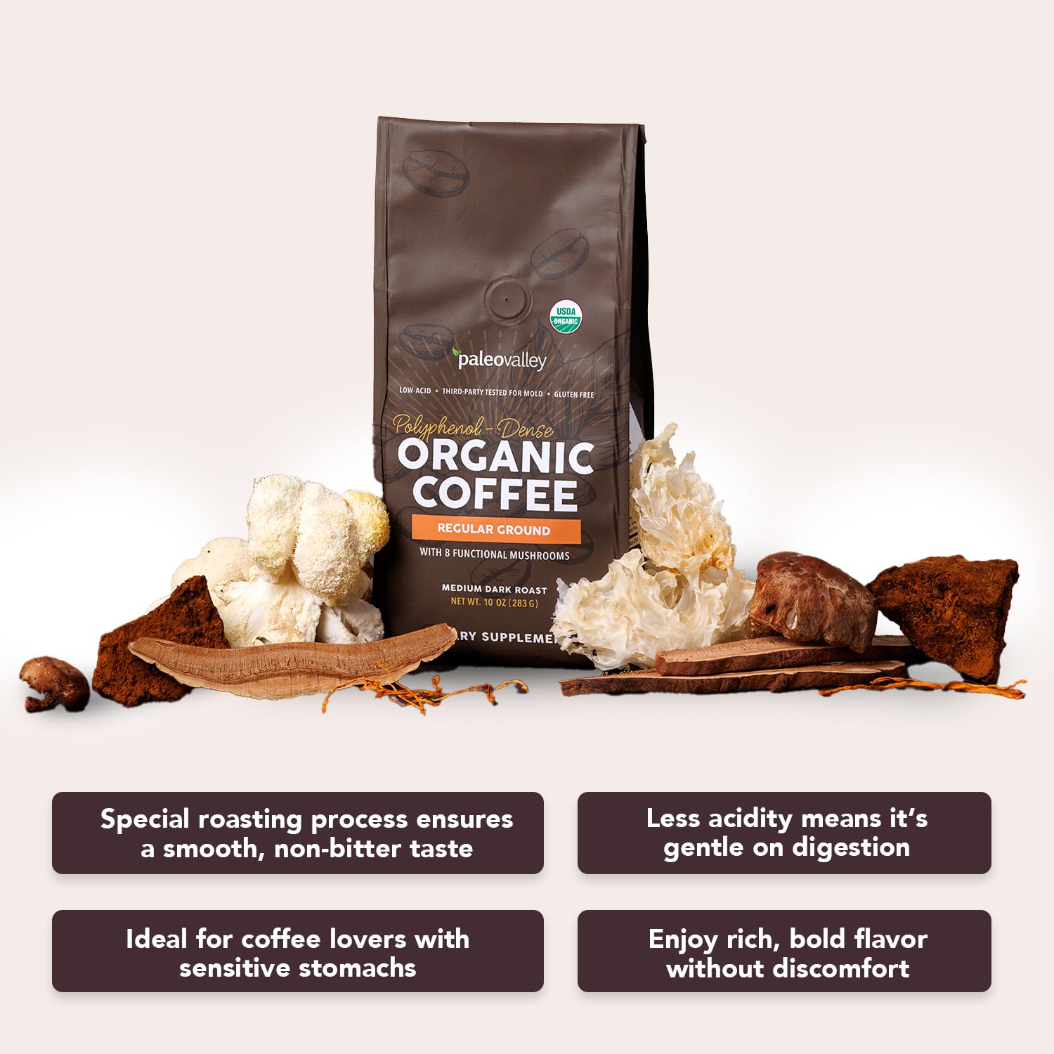 Paleovalley Organic Ground Coffee, 10oz - Regular, Low Acid, Single-Origin, Polyphenol-Rich, Infused with Mushrooms Paleovalley uk supplements