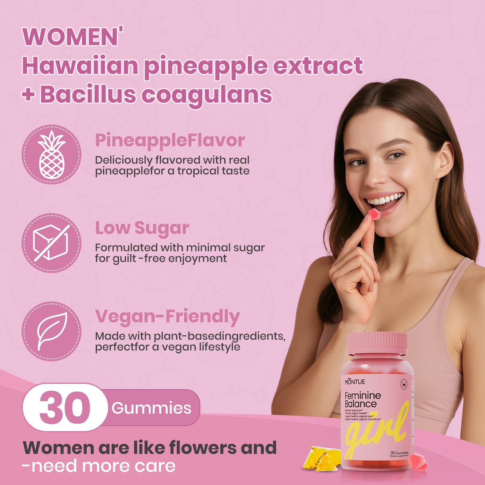 Montue Premium Diamond Feminine Balance Gummies-pH Balance with Prebiotics & Lactobacillus Probiotic Blend&Hawaiian Pineapple Immune Support,Vegan& Non-GMO（30 Gummies） Montue uk supplements