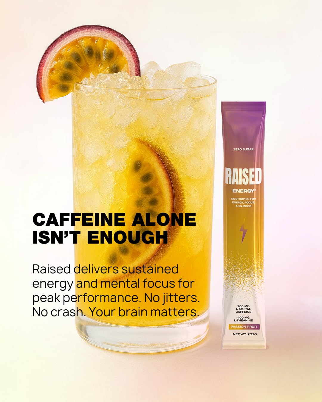 Raised Energy+ Nootropic Drink Mix | 200mg Natural Caffeine + L-Theanine | Zero Sugar | Clean Energy Powder for Focus, Mood & Motivation | 15 Stick Packs | Passion Fruit Flavor Raised uk supplements
