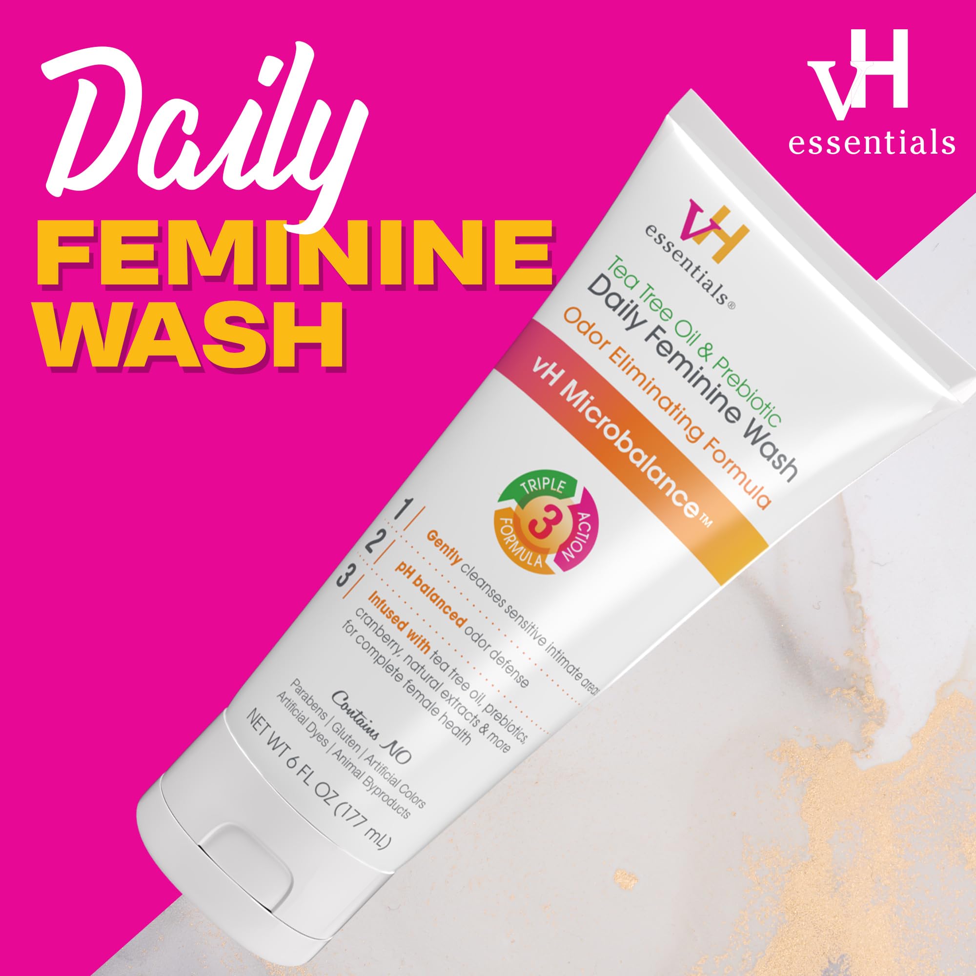 vH essentials, Ph Balanced Daily Feminine Wash, Tea Tree Oil & Prebiotic vH essentials uk supplements