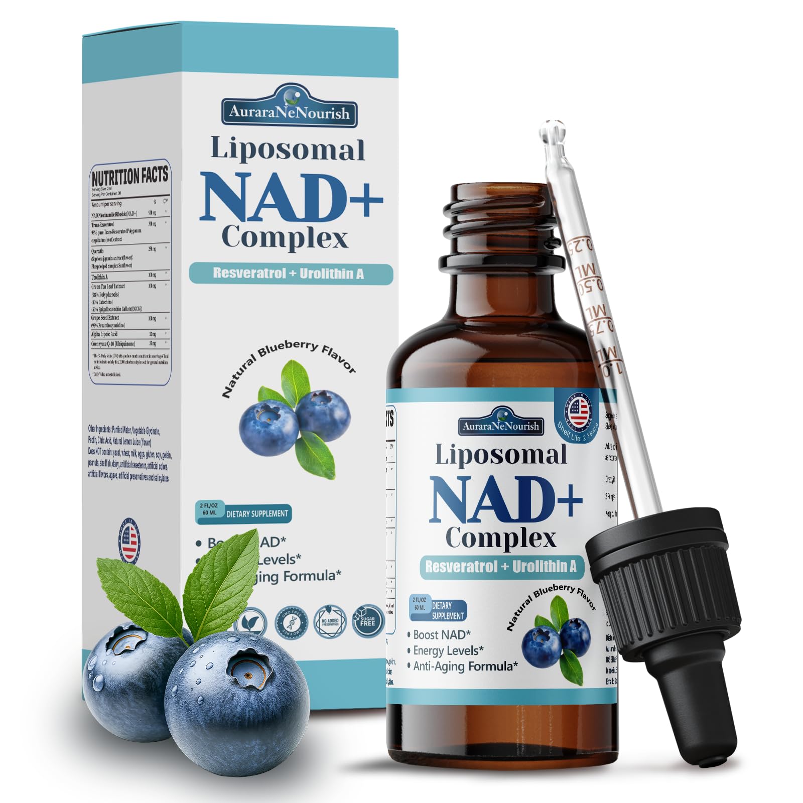 Liposomal NAD+ Liquid Drops, 8-in-1 NAD⁺ Nicotinamide Riboside Resveratrol 900mg w. Quercetin & Urolithin A | Fast Absorption NAD+ Supplement with CoQ10, ALA | Cellular Energy, Anti-Aging, Vitality AuraraNeNourish uk supplements