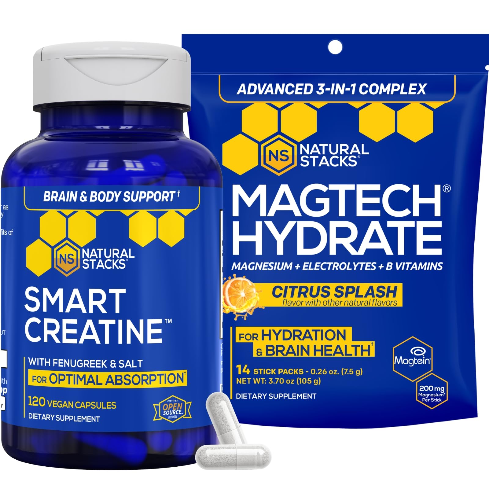 NATURAL STACKS Creatine Monohydrate & Magtech Hydrate Bundle - 2500mg Creatine + 200mg Elemental Magnesium Per Serving - Supports Hydration, Brain Health & Endurance - 44 Total Servings NATURAL STACKS uk supplements
