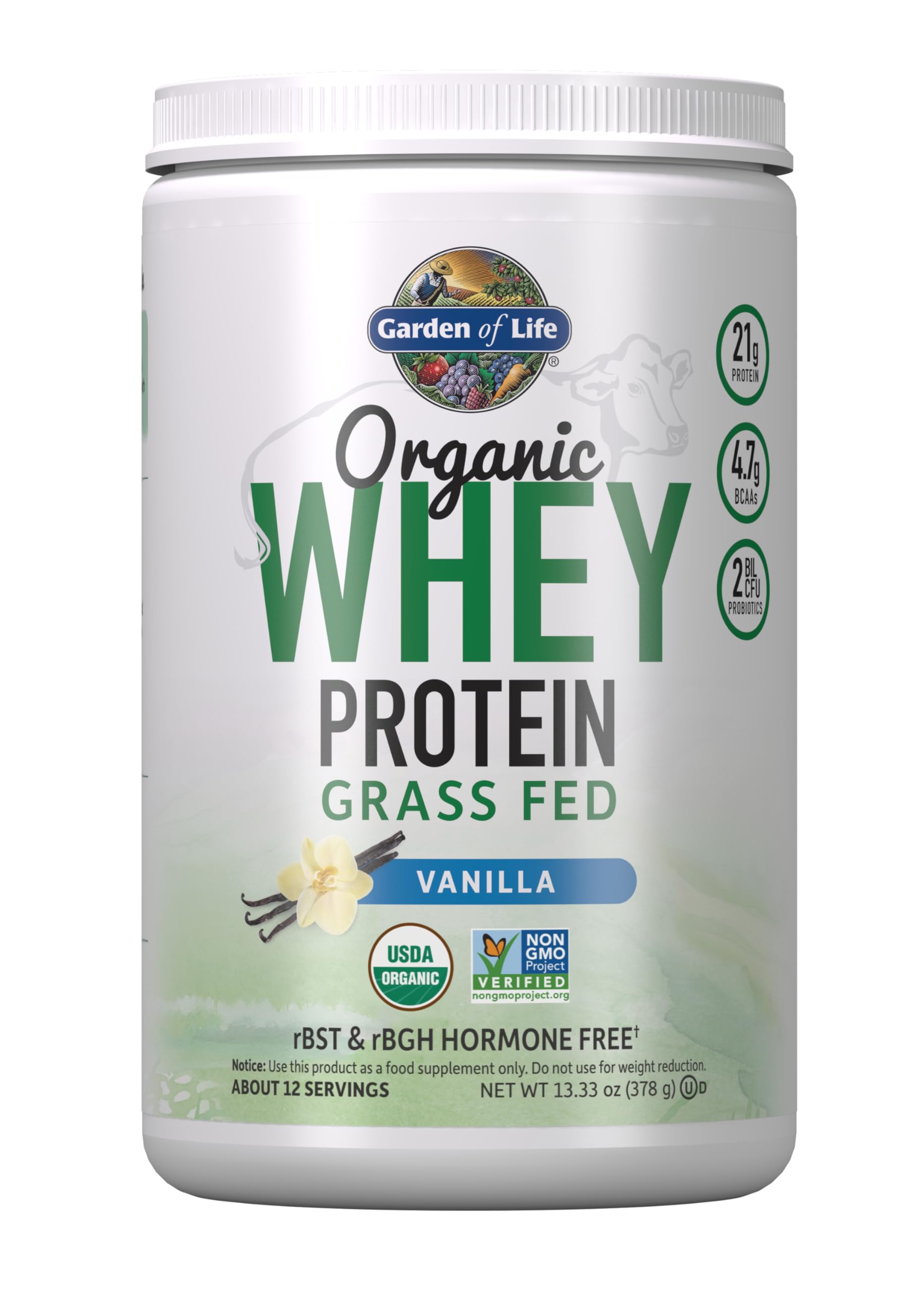 Garden of Life Grass Fed Whey Protein Powder Vanilla - 21g Protein for Women & Men + Probiotics - 12 Servings - Gluten Free, Non GMO, Kosher, Humane, RBST & rBGH Hormone Free Garden of Life uk supplements