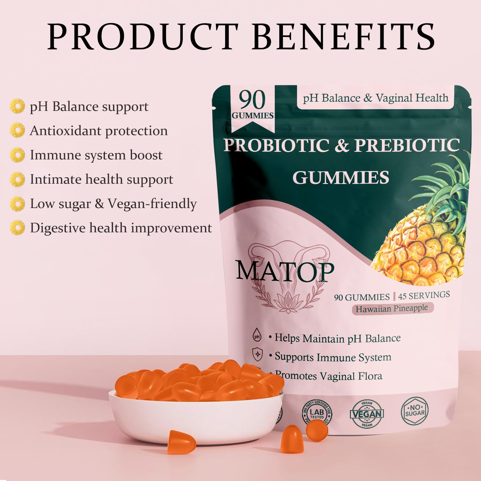 MATOP Probiotic Prebiotic pH Balance Gummies - Vaginal Health Gummies for Women Pro + Prebiotic with Pineapple Flavor, Vegan, Sugar-Free – 90 Gummies (45 Servings) MATOP uk supplements