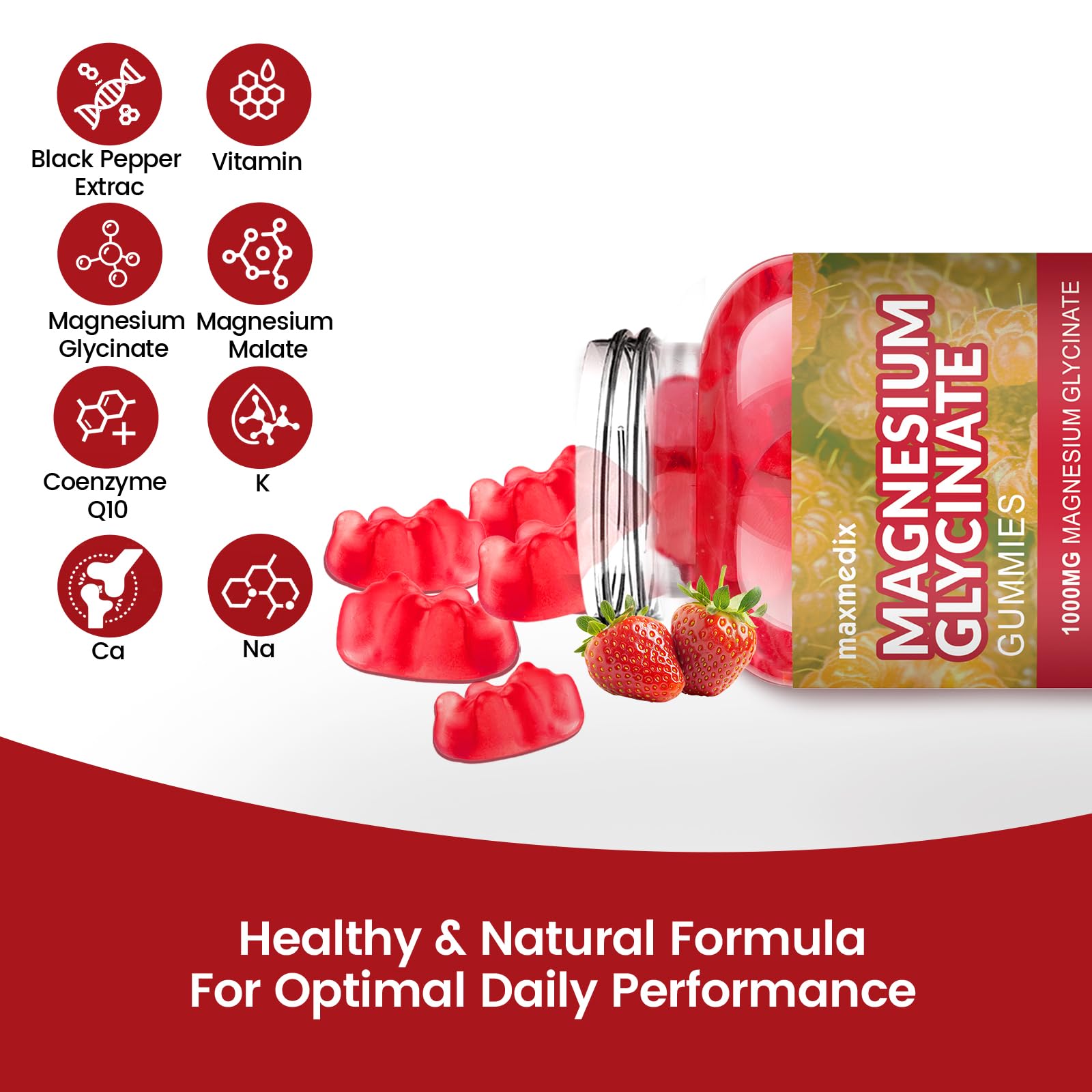 Magnesium Glycinate Gummies 1000mg, Sugar Free Magnesium Potassium Supplements Chewable for Adults with L-Threonate for Sleep, Body Support and Relaxation,90 Strawberry Gummies maxmedix uk supplements