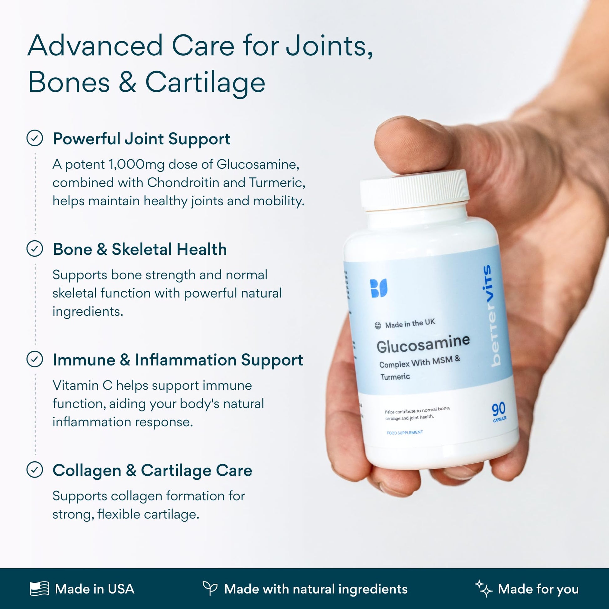 Bettervits Glucosamine Complex with MSM Сhondroitin | Joint Supplements for Women and Men with Vitamin C | Arthritis Support Supplement for Mobility & Flexibility - 90 Capsules Bettervits uk supplements