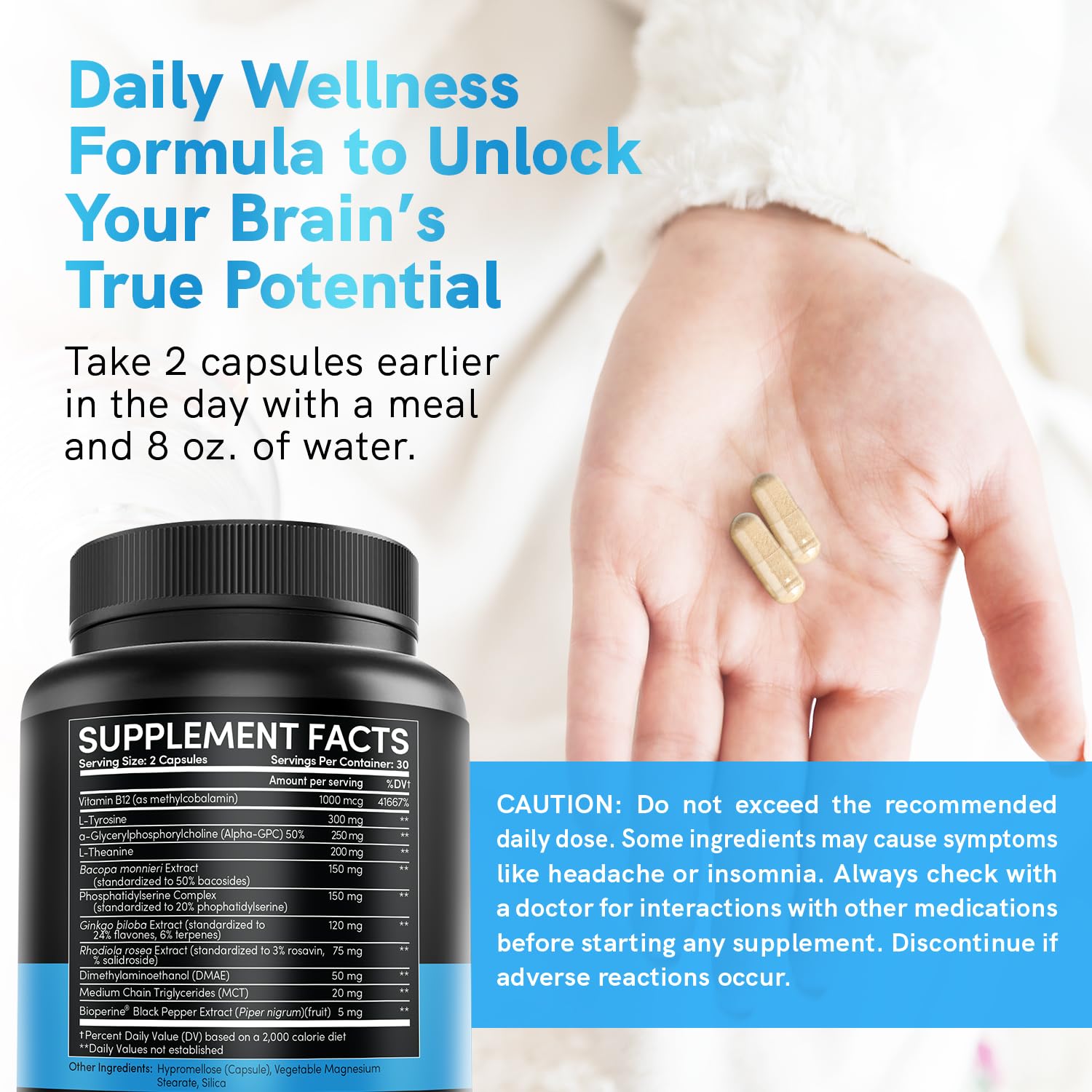 12-in-1 Nootropic Brain Supplement Anhydrous: Ginkgo Biloba for Brain Support, Memory and Focus - B12, Alpha GPC, L Theanine and Choline Supplements with Bioperine Non Caffeinated 1321mg (60ct) MEDCHOICE uk supplements