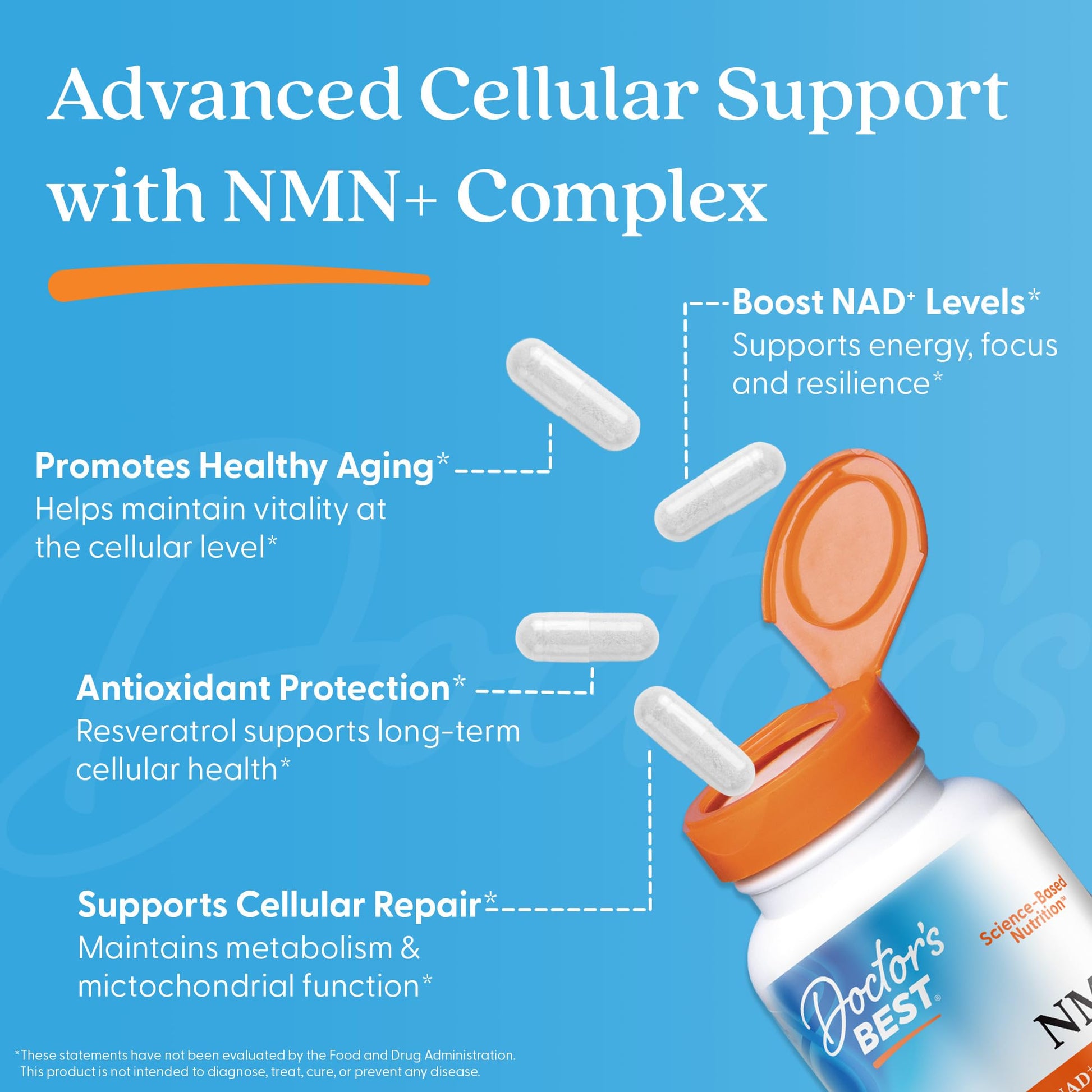 Doctor's Best NMN+ Complex Supplement Capsules for Women & Men - Supports NAD+ Production, Resveratrol 100mg & Beta Nicotinamide Mononucleotide 200mg per Capsule, Cellular Energy Support - 60 Veg Caps Doctor's BEST uk supplements