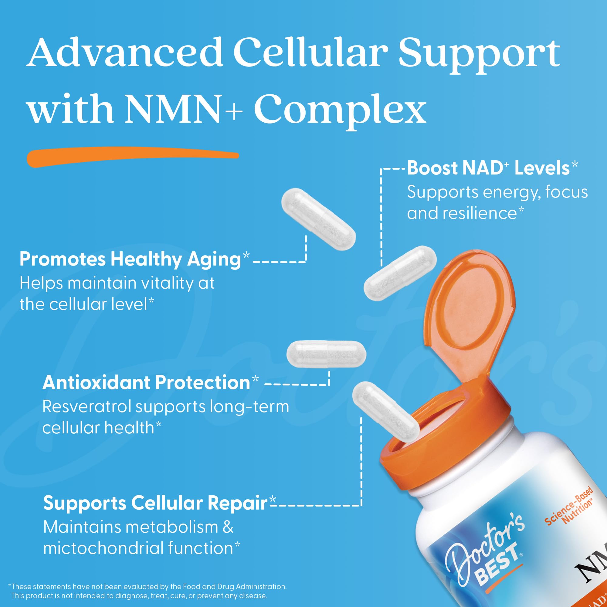 Doctor's Best NMN+ Complex Supplement Capsules for Women & Men - Supports NAD+ Production, Resveratrol 100mg & Beta Nicotinamide Mononucleotide 200mg per Capsule, Cellular Energy Support - 60 Veg Caps Doctor's BEST uk supplements