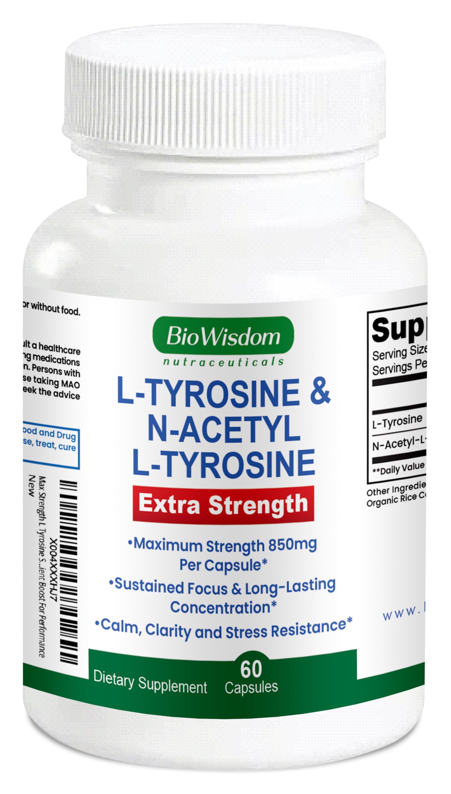 Max Strength L Tyrosine Supplement & N Acetyl L Tyrosine Peak Focus, Alertness, Concentration, Body & Mind Energy. L-Tyrosine 850mg Per 1 Capsule. A Well-Being Nutrient Boost For Performance BioWisdom Nutraceuticals uk supplements