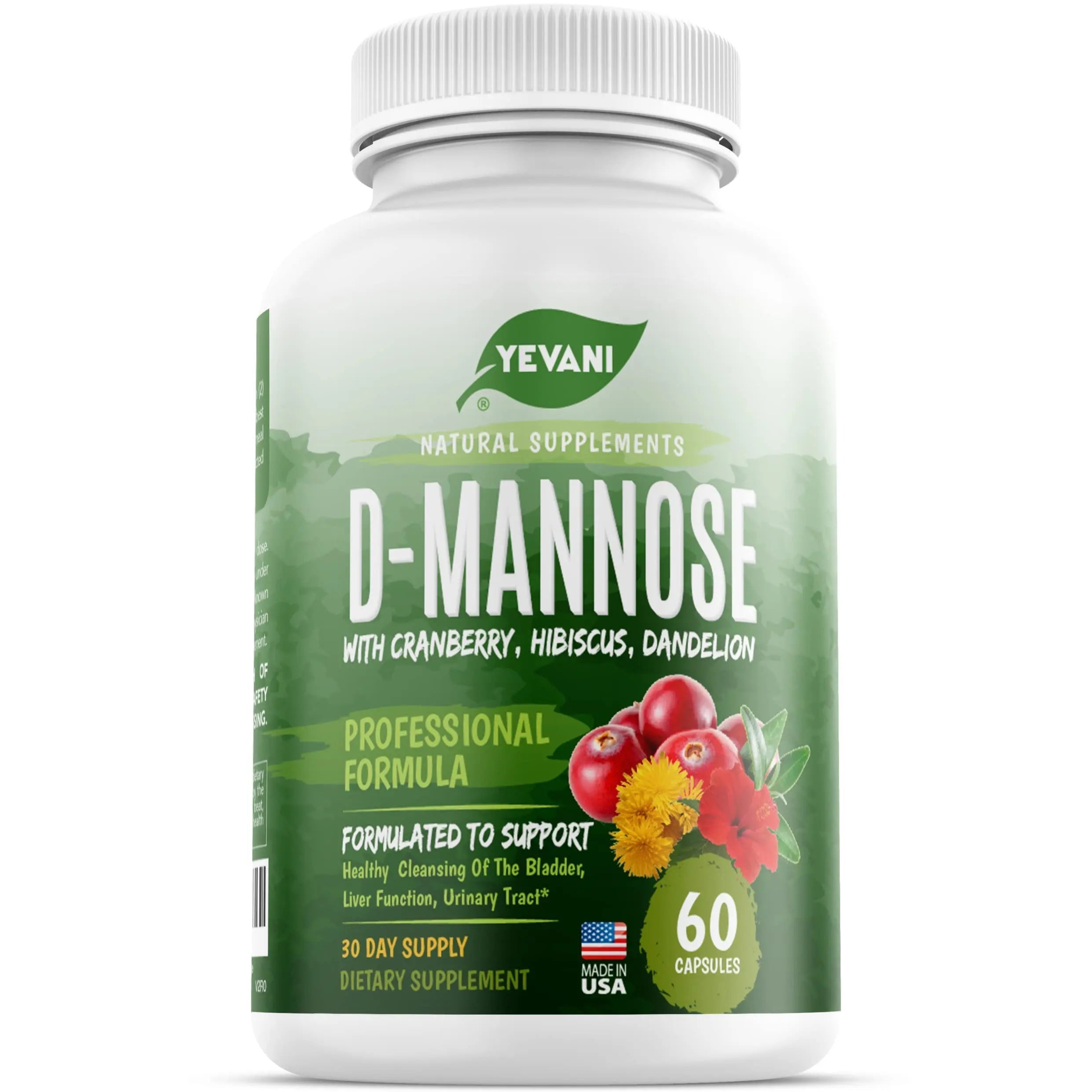 YEVANI 100% Pure D-Mannose Capsules 1000 mg with Cranberry, Hibiscus, and Dandelion Extract, Fast Acting Professional UTI Prevention Formula for Urinary Tract Health and Bladder Support YEVANI uk supplements