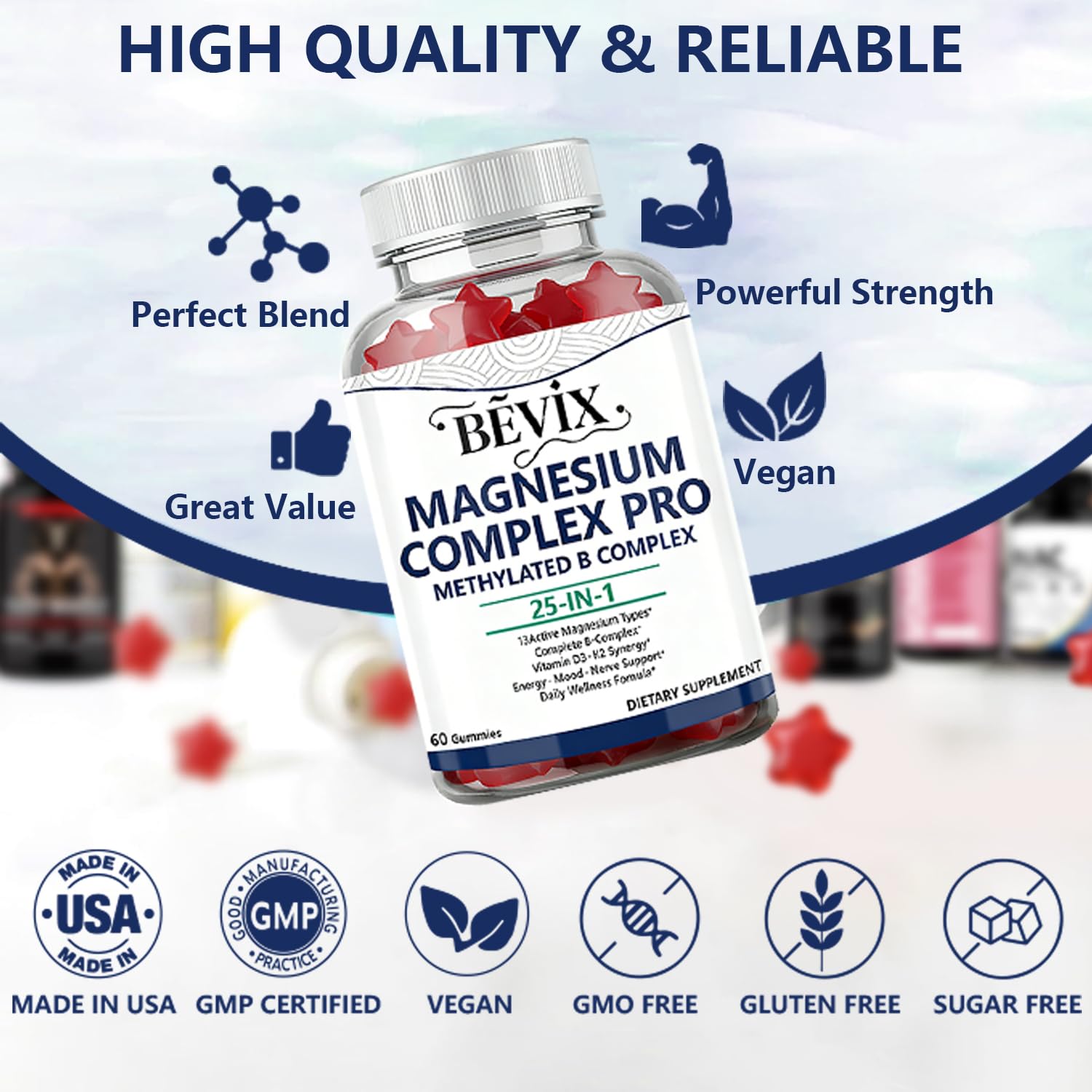 BEVIX Magnesium Complex Gummies with Methylated B Complex Magnesium Glycinate Citrate Malate Taurate Gluconate Aspartate Carbonate D3 K2, Magnesium for Relaxation Energy & Nerve, 60 Gummies BEVIX uk supplements