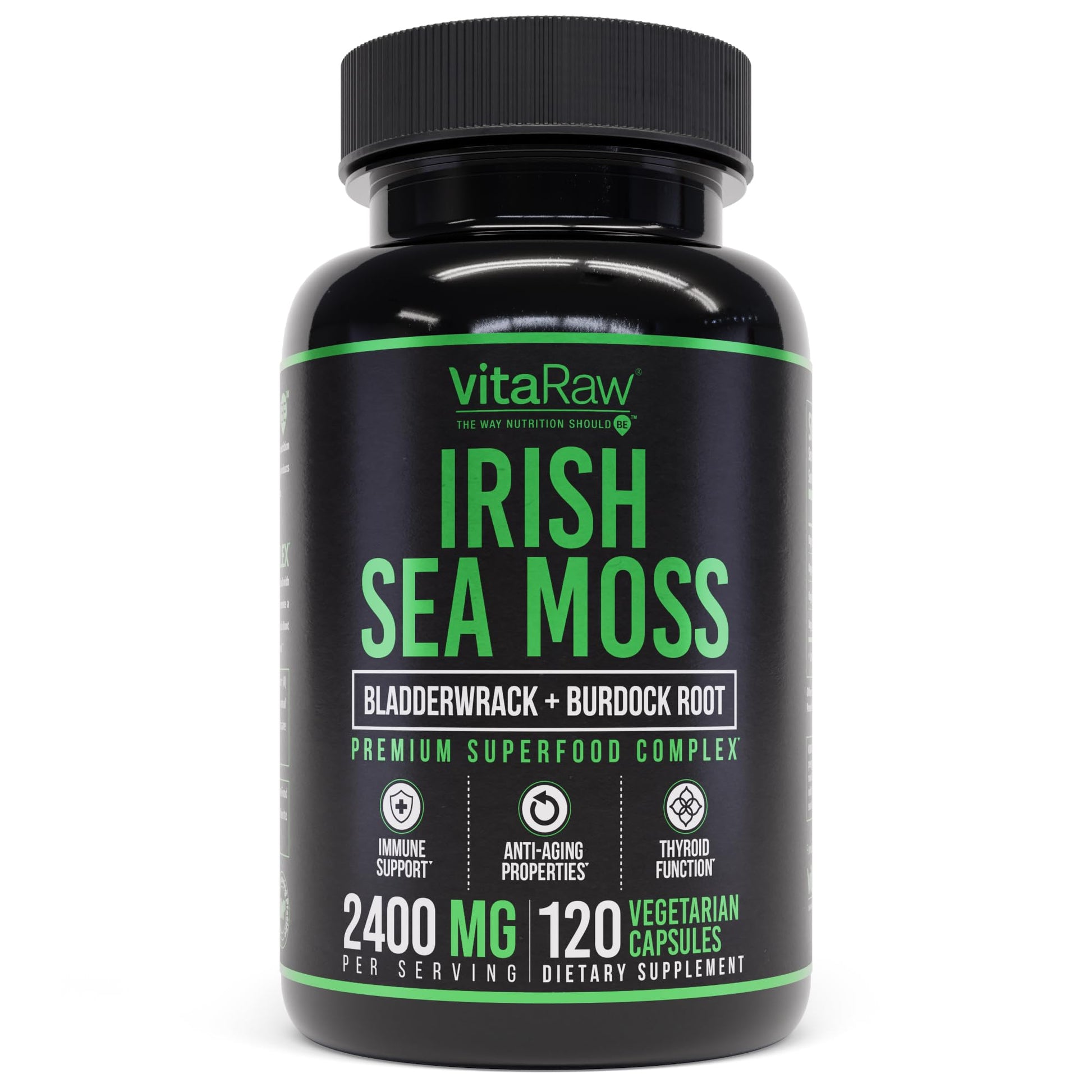 VitaRaw Organic Irish Sea Moss Capsules 2400 mg - Burdock Root and Bladderwrack Powder Real Seamoss Pills for Immune Support, Joint and Gut Health Help - Raw Sea Moss Advanced Herbal Supplement VitaRaw uk supplements