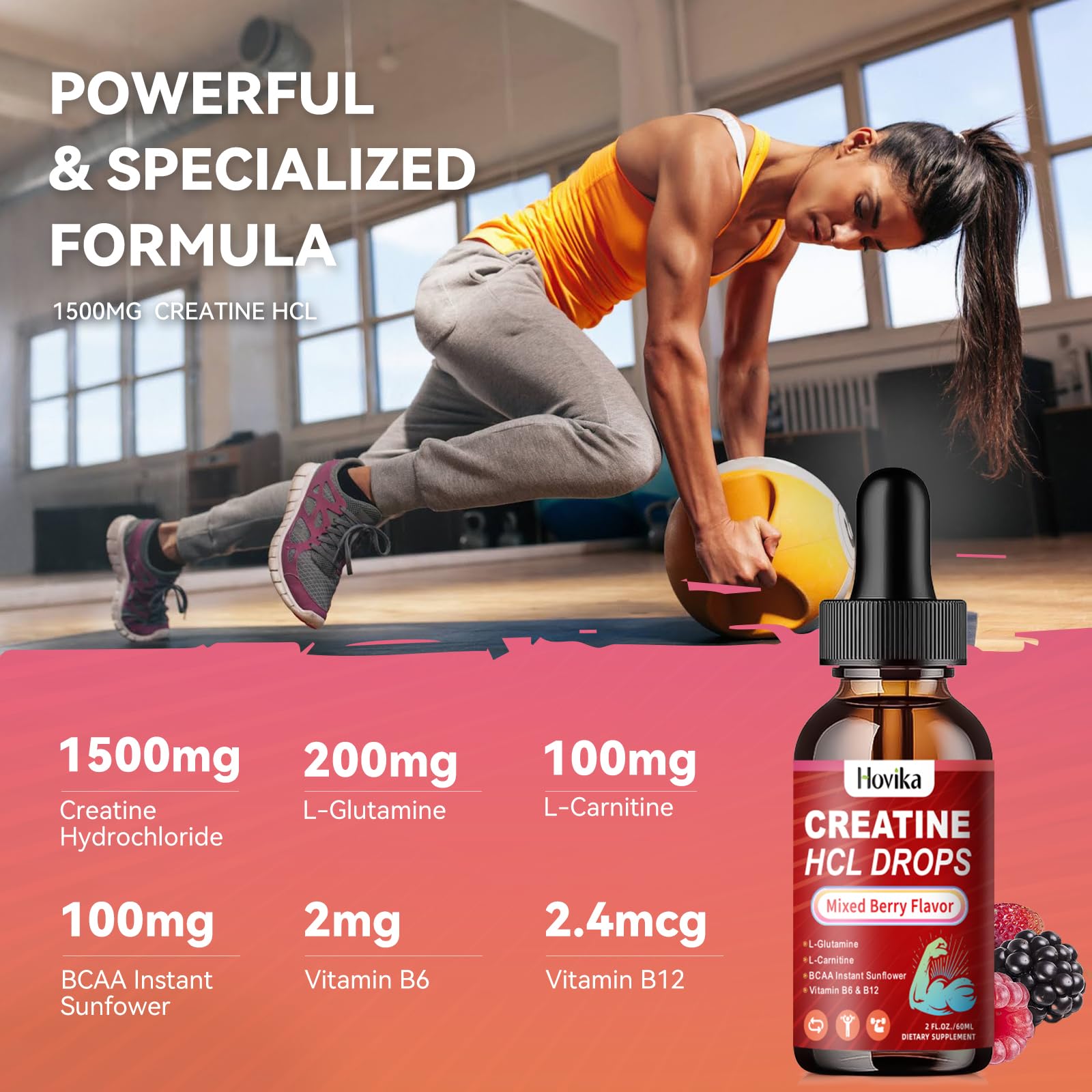 Creatine HCL Liquid Drops for Men & Women, Creatine Hydrochloride with L-Carnitine, L-Glutamine, BCAA, Vitamin B12 & B6 for Muscle Growth & Recovery-Vegan, Mixed Berry Flavor Flavor, 2 Fl Oz Hovika uk supplements