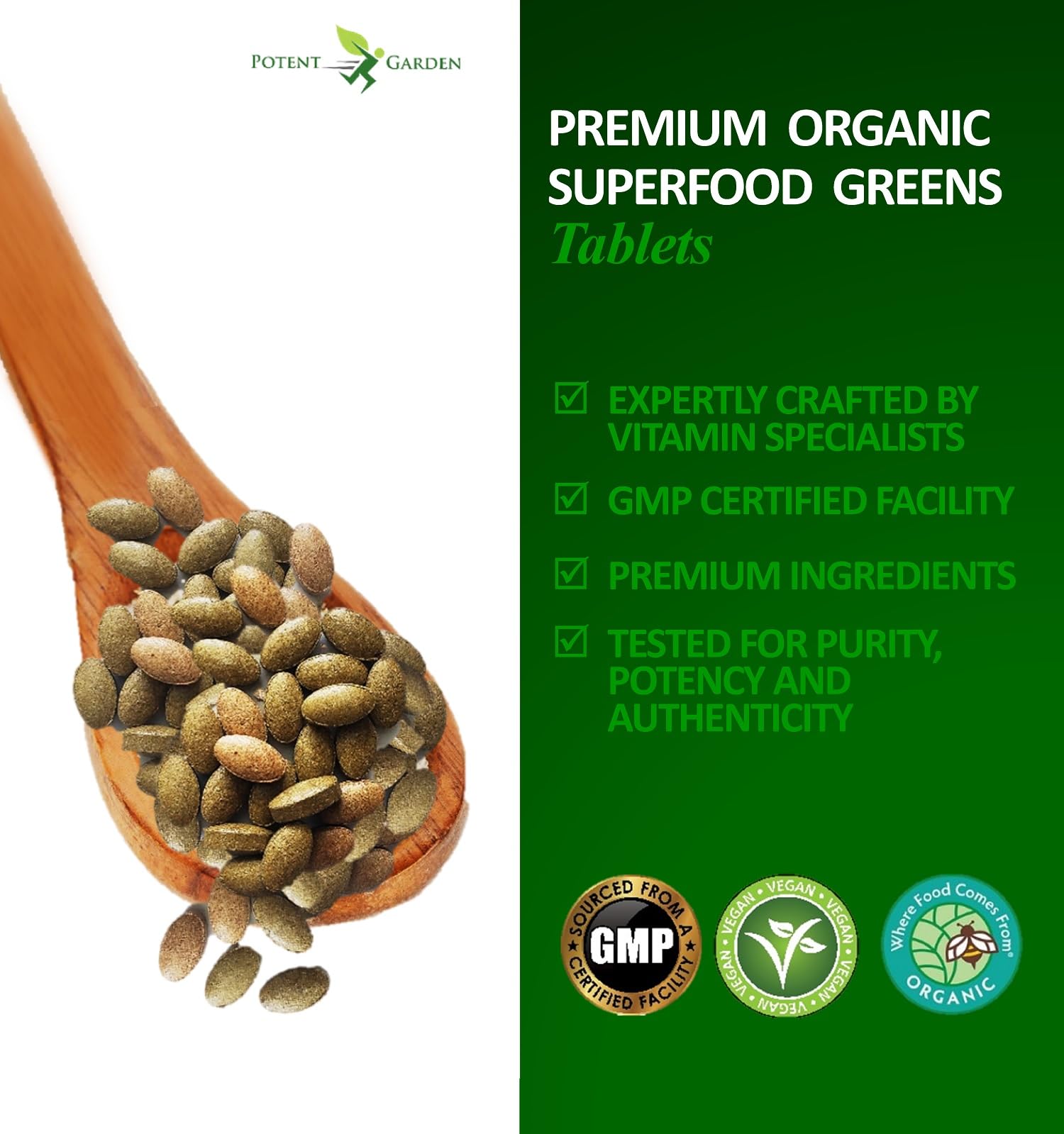 Potent Garden Organic Superfood Greens, Fruit and Veggies Supplement Rich in Vitamins & Antioxidants with Alfalfa, Beet Root & Tart Cherry to Boost Energy, Immunity & Gut Health, Greens Tablets 60 Ct Potent Garden uk supplements