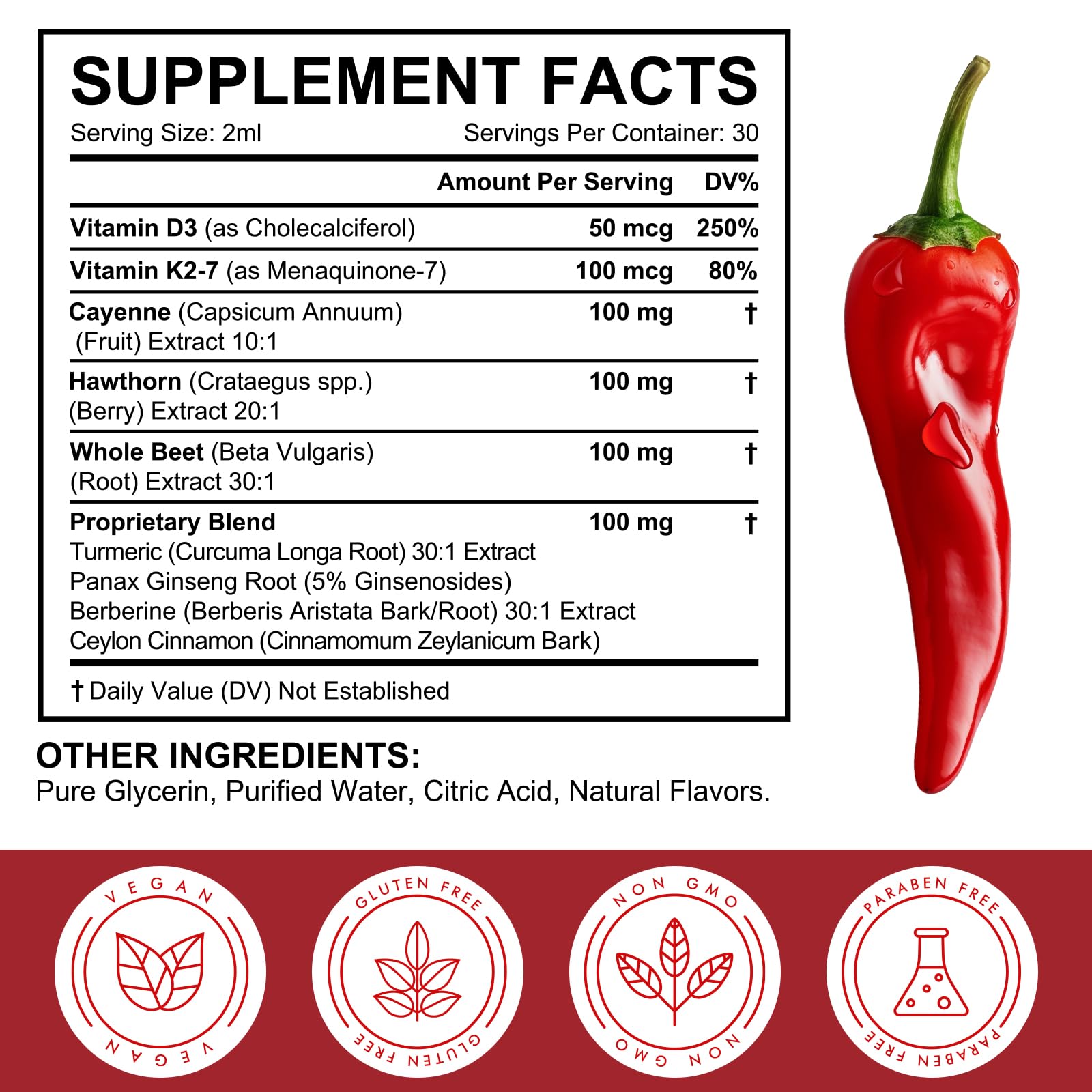 Cayenne Pepper Drops Supplement Liquid, Blend of Hawthorn Berry, Beetroot, Turmeric, VIT K2+D3, Daily Health Boost (2oz) REVIGLAM uk supplements