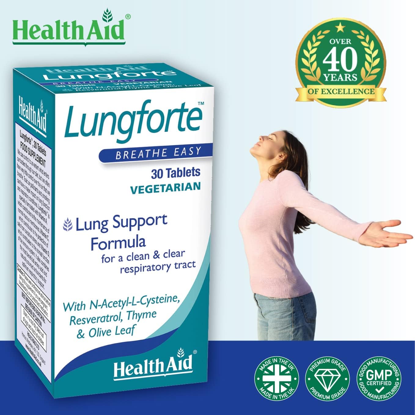 HealthAid LungForte 30 Tablets – Daily Antioxidant Lung Support with NAC, Resveratrol, Olive Leaf, Thyme & Vitamins A, C & D3 – Vegetarian, Non‑GMO HealthAid uk supplements