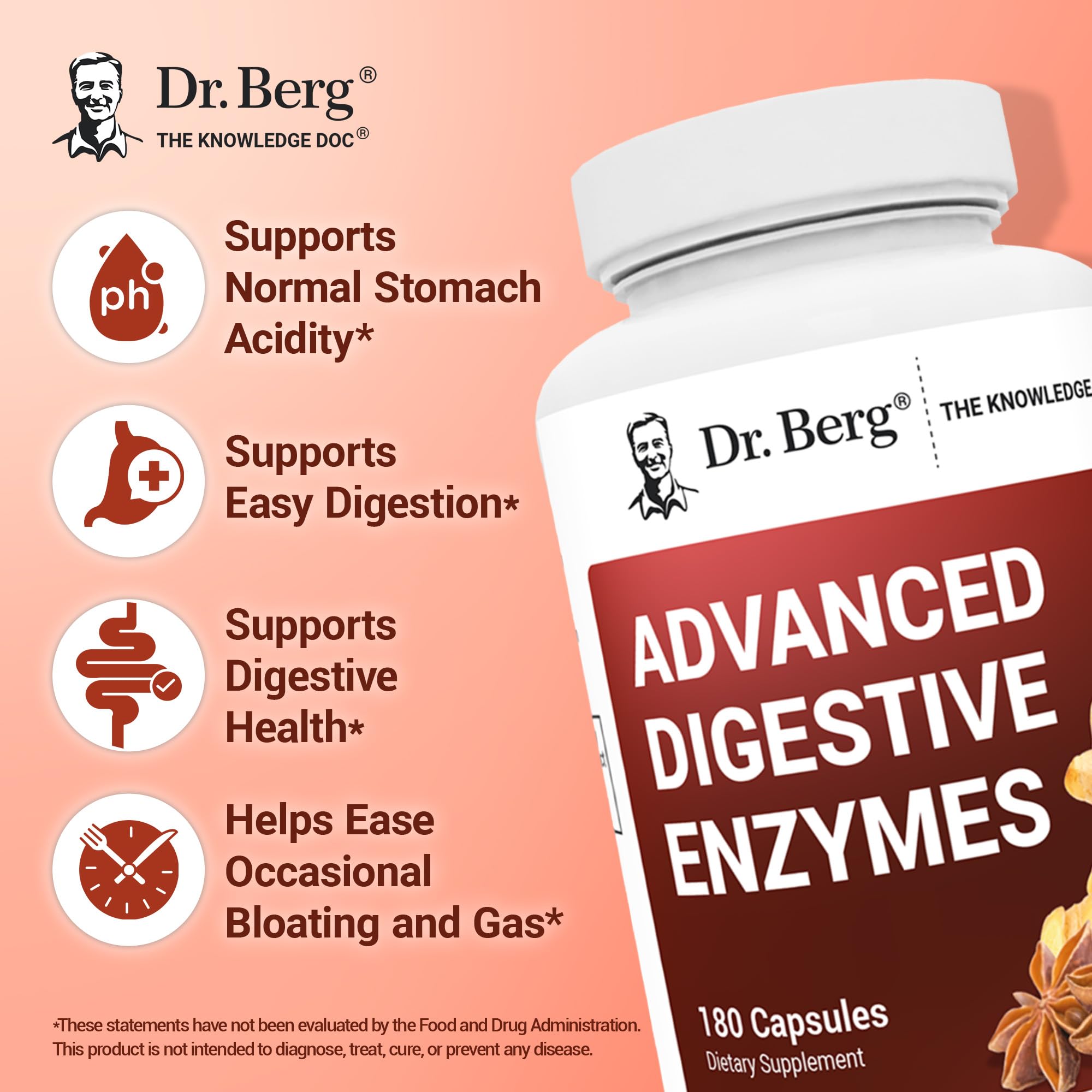 Dr. Berg Advanced Digestive Enzymes with Apple Cider Vinegar - Includes Digestive Health Ingredients Like Betaine Hydrochloride (HCI), Ginger Root & Peppermint Leaf - 180 Capsules Dr. Berg Nutritionals uk supplements