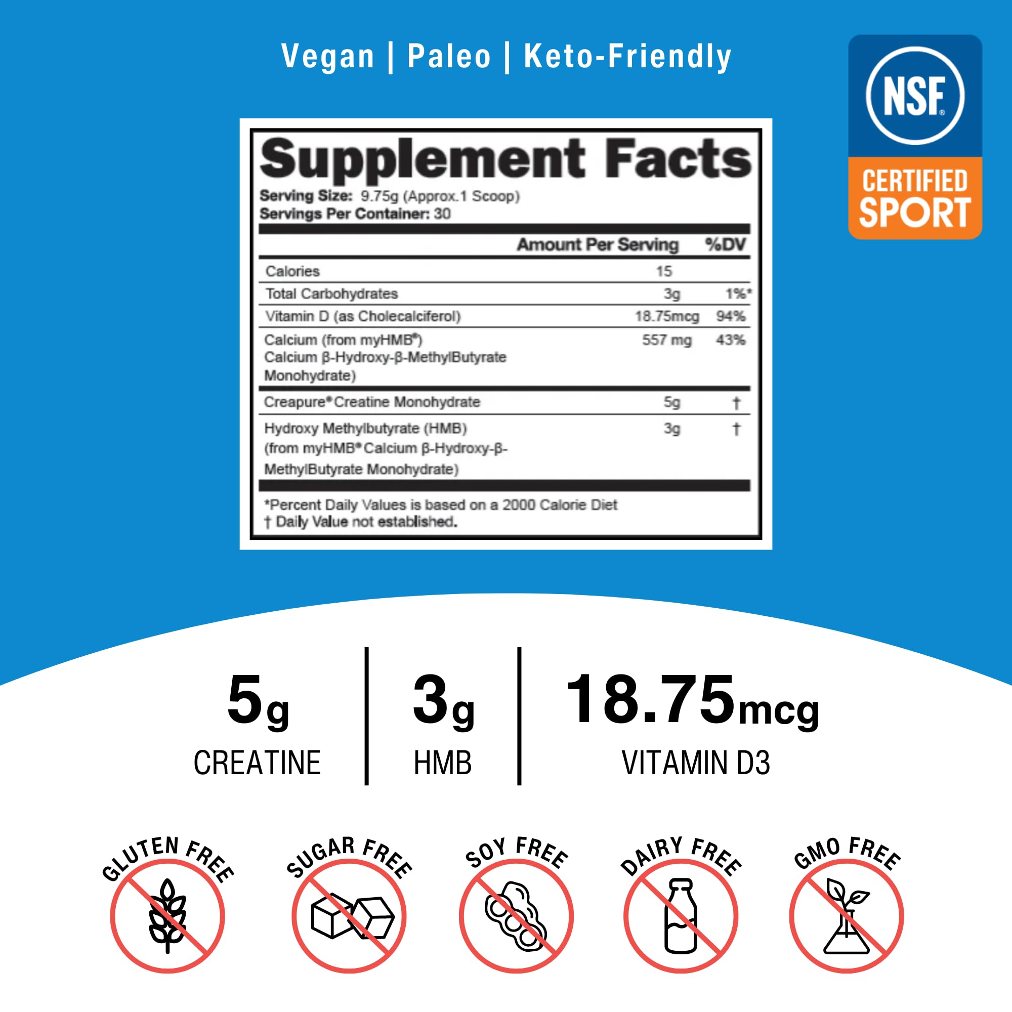 OptimalStack Creatine Monohydrate, HMB, & Vitamin D3 Stack | with Creapure Creatine, Clinical Dosage of myHMB, and Vitamin D3 | NSF for Sport Certified | Unflavored, 30 Servings OptimalAmino uk supplements