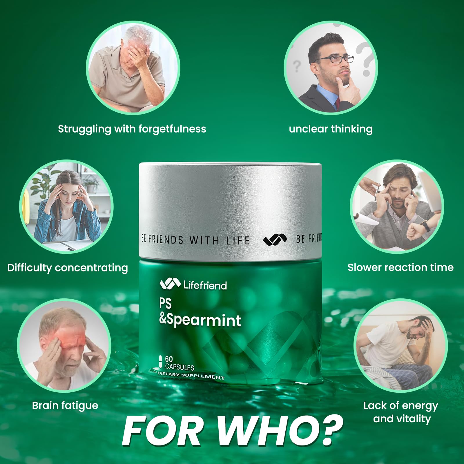 PhosphatidylSerine Memory & Focus Supplement with DHA, Spearmint, Magnesium & Ashwagandha – Brain Clarity, Stress Relief & Cognitive Support – Gluten-Free Vegan, 60 Capsules LIFEFRIEND uk supplements
