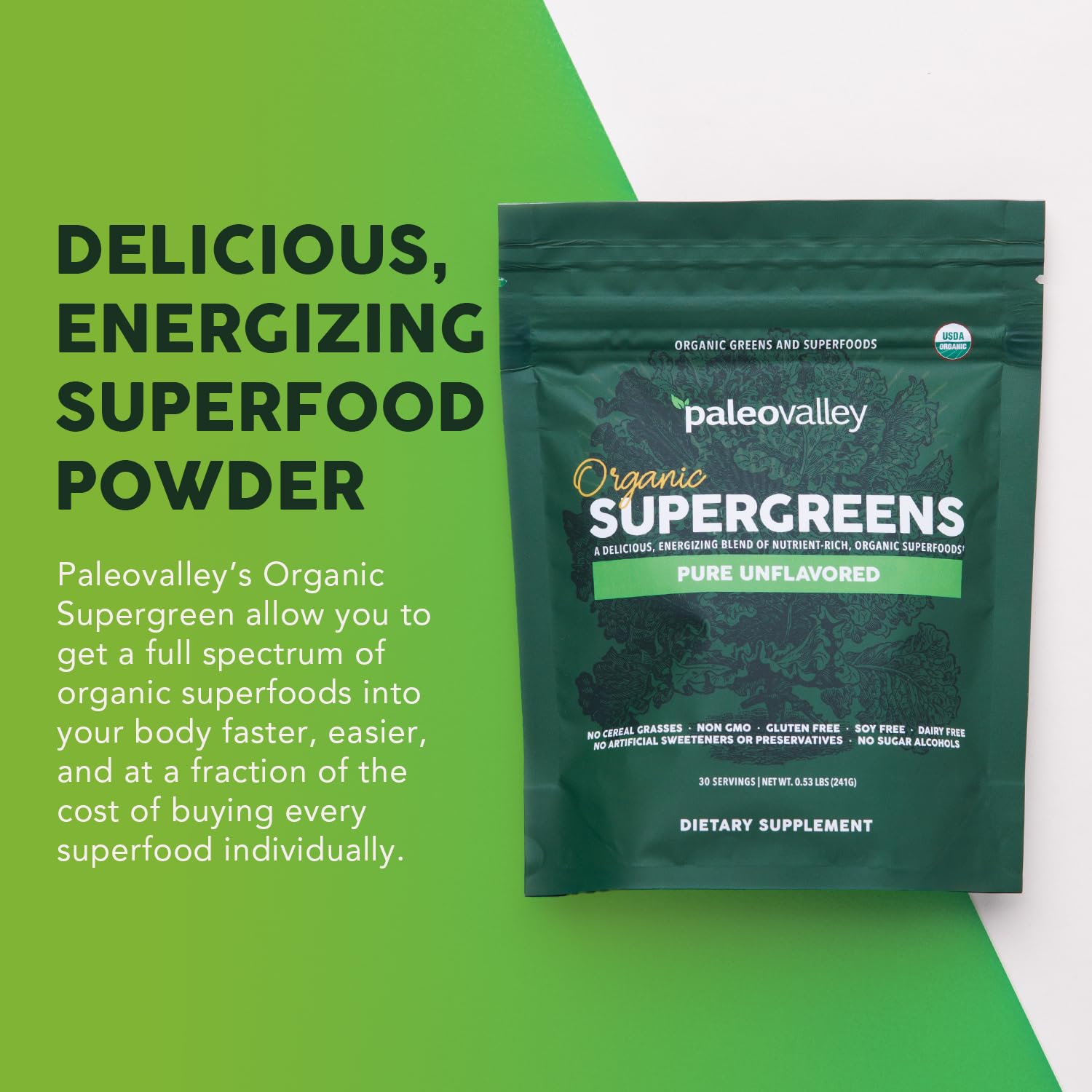Paleovalley Organic Supergreens Powder - 23 Superfoods with Prebiotic Fiber for Energy and Immunity Support - No Cereal Grasses for Maximum Absorption - Pure Unflavored, 30 Servings Paleovalley uk supplements