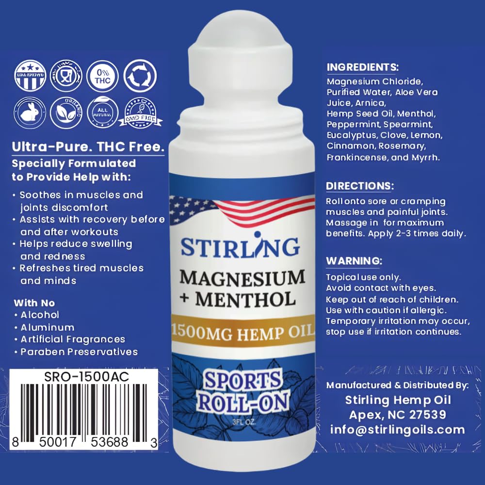Stirling Menthol Roll On Lotion with Magnesium and 1500mg Pure Hemp - Non-GMO, THC-Free - Fast-Acting Relief for Sore Muscles and Joints, Reduces Swelling and Redness, Promotes Post-Workout Recovery STIRLING uk supplements