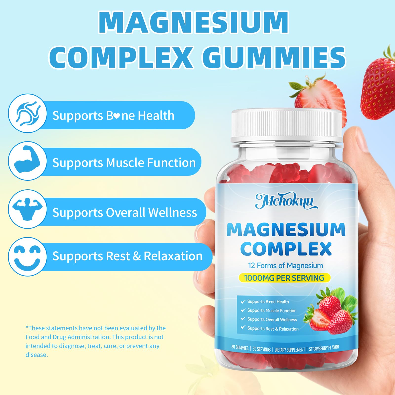 Magnesium Complex Gummies 1000mg | 12-in-1 Magnesium Complex Supplement with Glycinate, Citrate, Malate & Taurate Supports Muscle Function, Bone Health, Rest & Relaxation – Strawberry Flavor, 60 Count Mchokuu uk supplements