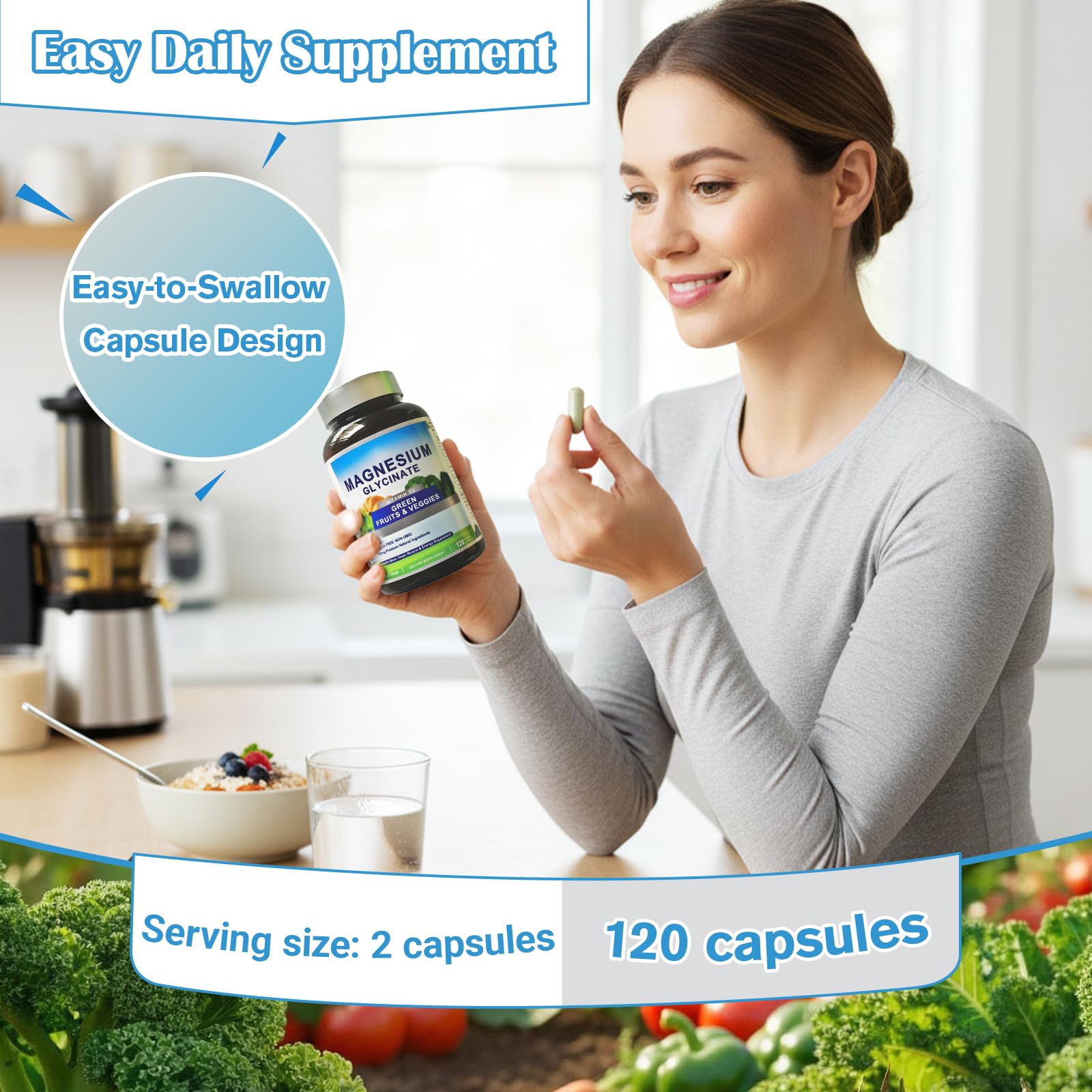 Magnesium Glycinate 500mg with Vitamin D3 – High Absorption Magnesium Supplement with Veggies Design – Supports Bone & Muscle Function and Energy – Non-GMO, Gluten-Free – 120 Veg Capsules FrexNutri uk supplements