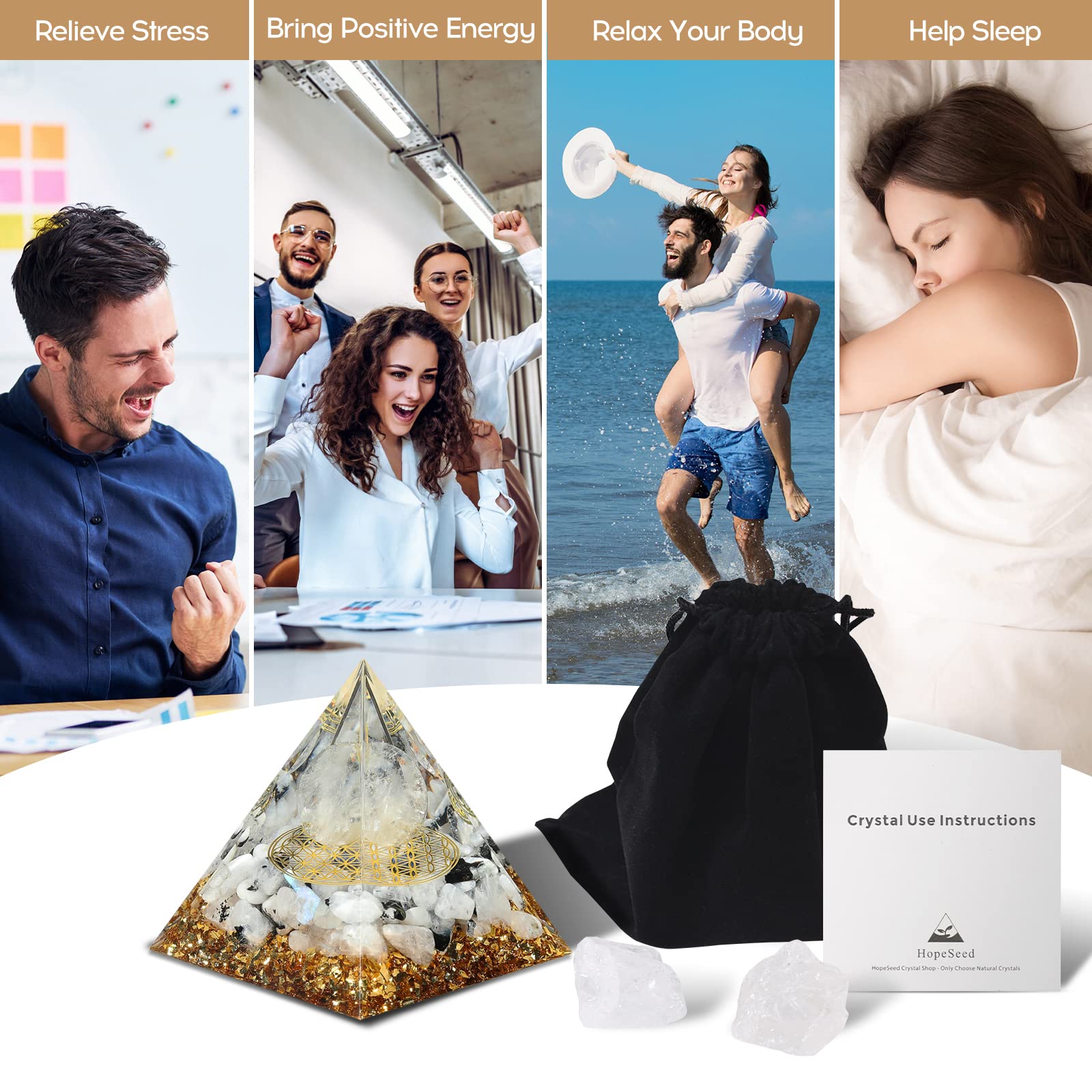 Hopeseed Orgone Pyramid for Positive Energy, Orgonite Rainbow Moonstone&White Crystal Hopeseed uk supplements
