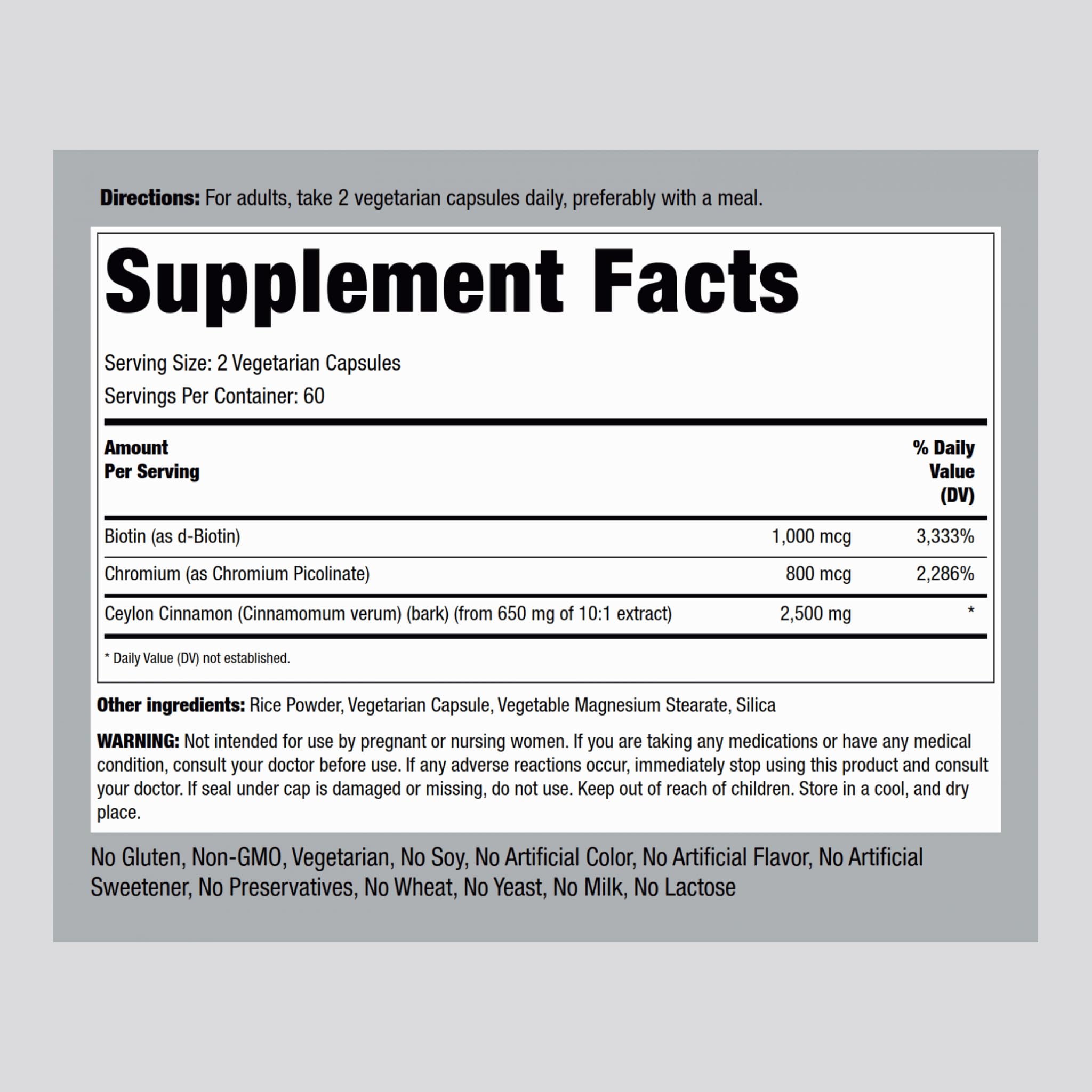 Piping Rock Ceylon Cinnamon Capsules | 120 Pills | Complex Supplement with Chromium and Biotin | Vegetarian, Non-GMO, Gluten Free