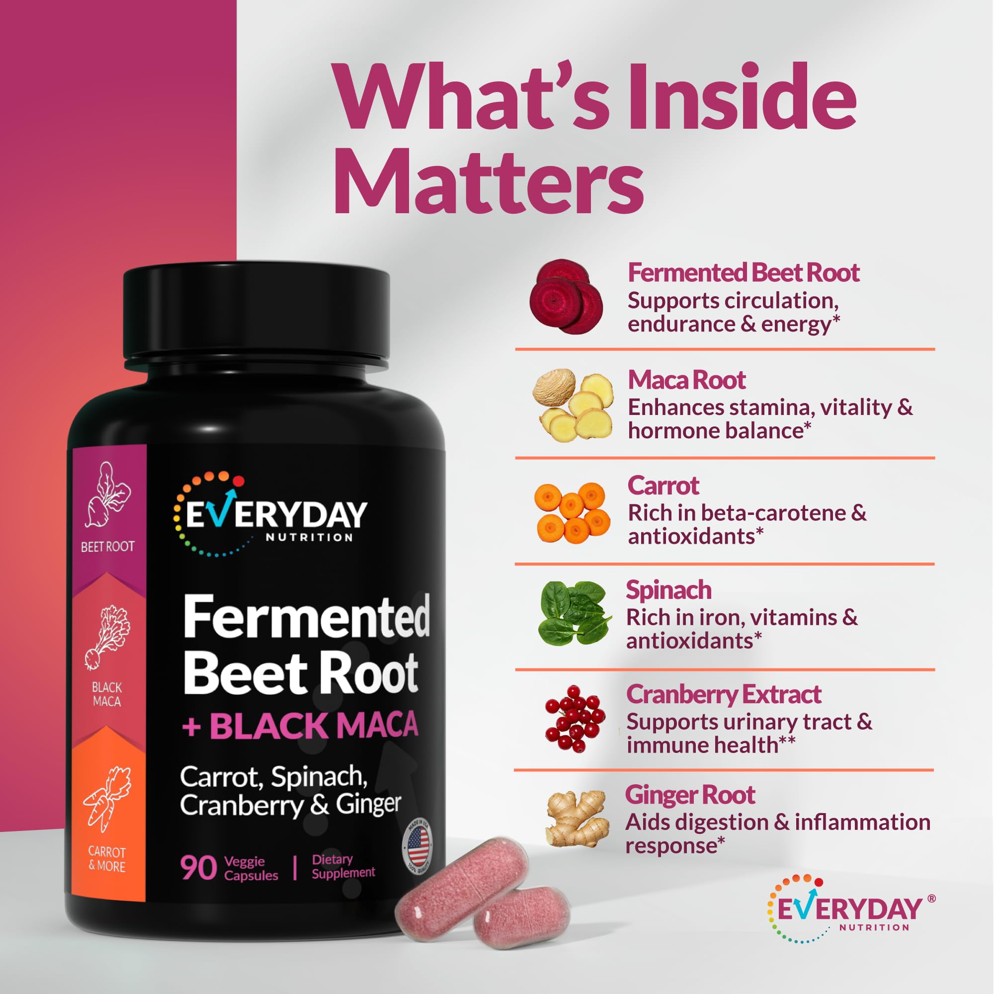 EVERYDAY NUTRITION Organic Fermented Beet Root & Black Maca Capsules with Carrot, Spinach, Cranberry & Ginger | Superfood for Energy, Stamina & Wellness | 90 Veggie Capsules | Made in USA EVERYDAY NUTRITION uk supplements