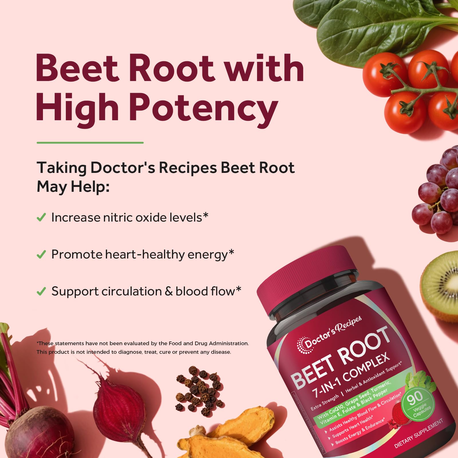 Doctor's Recipes Beet Root Capsules, 20:1 Extract with Grape Seed, CoQ10, Turmeric, Black Pepper for Enhanced Absorption, Supports Heart, Circulation, Energy & Nitric Oxide, Non-GMO, 90 Veg Caps Doctor's Recipes uk supplements