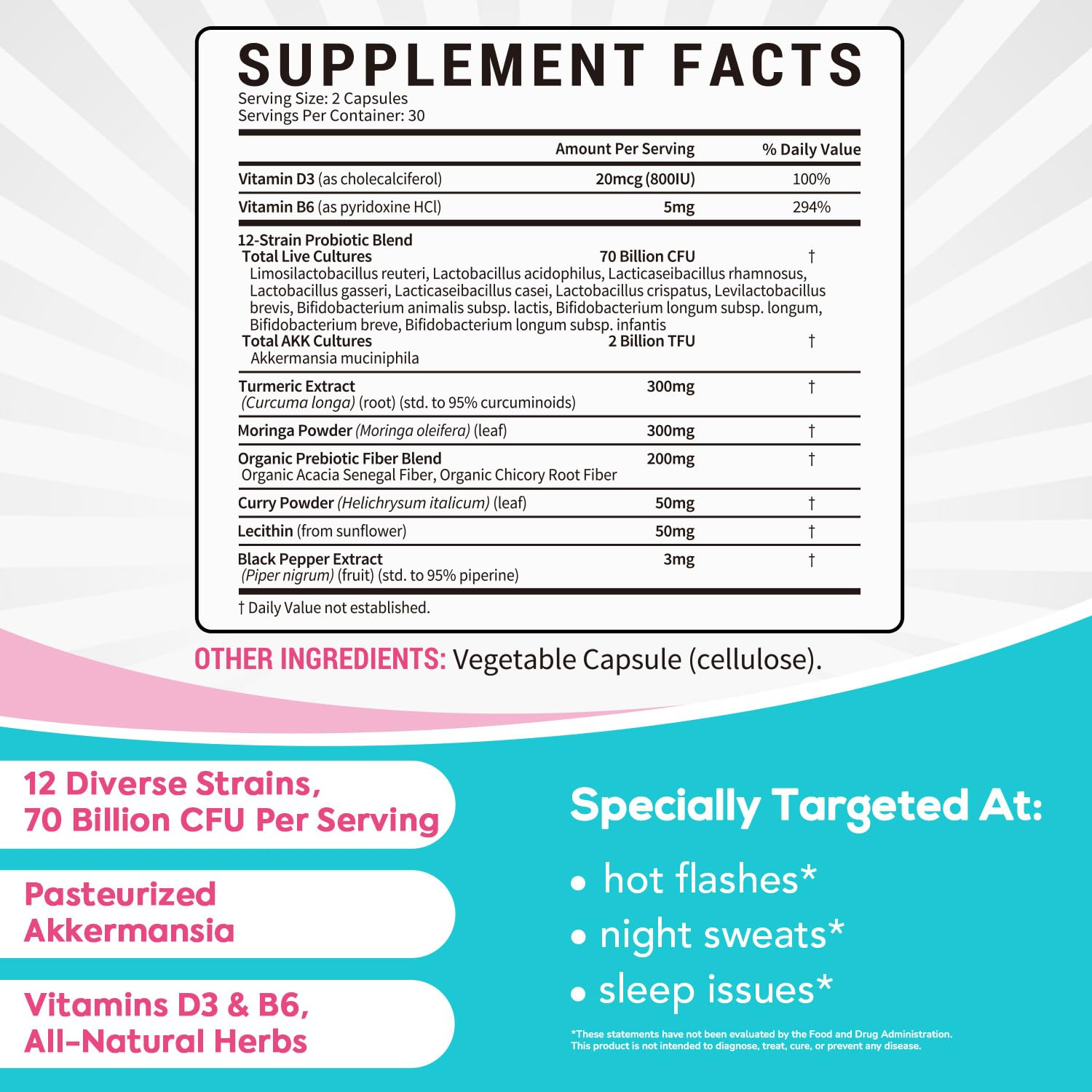 Surebounty Menopause Probiotic Supplement for Women, 70 Billion CFU, with Akkermansia Muciniphila, Vitamins B6 & D3, Botanicals, for Hormone Balance, Hot Flashes, Night Sweats, Gut Health, 60 Capsules Surebounty uk supplements