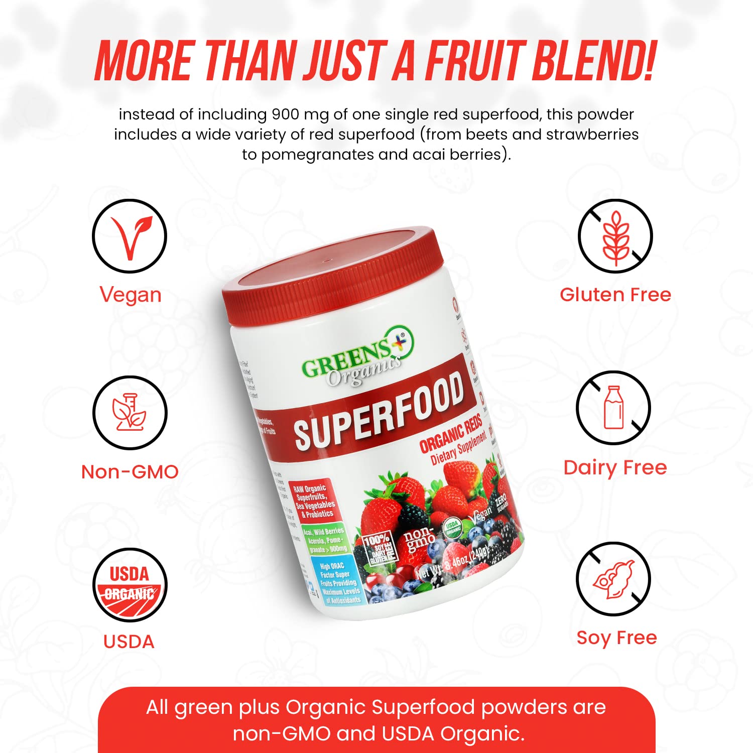 Greens+ Organic Reds Superfood Powder Camu Camu Dietary 400mg Vitamin C SuperFruit Supplement 120 Capsules, 100% Natural, Vitamins & Minerals, Vegan, Soy/Dairy/Gluten Free Greens+ uk supplements