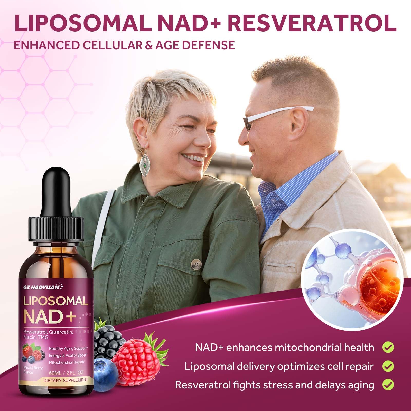 Liposomal NAD Supplement - 1200mg NAD+ Liquid Drops for Women & Men with Nicotinamide, Resveratrol, Quercetin, TMG, Black Pepper Extract - Brain & Cellular Mitochondrial Health, Anti-Aging, Longevity GZ HAOYUAN uk supplements