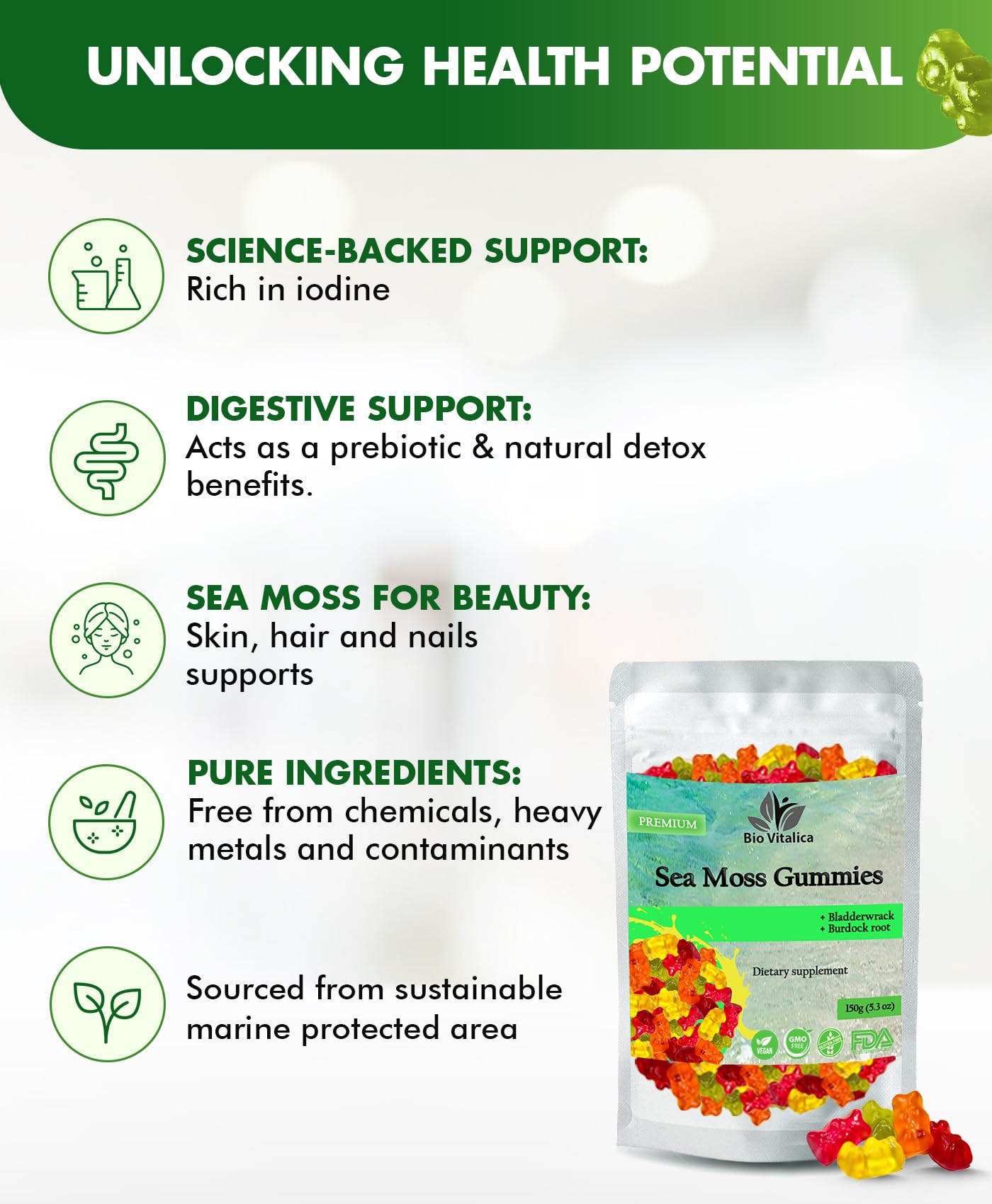 BIO VITALICA Sea Moss Gummies – with Bladderwrack & Burdock Root – Wildcrafted Gel + Powder – Vegan, Keto, Non-GMO, Gluten-Free – Fruity Mineral-Rich Gummies – 50 Count (3 Pack) BIO VITALICA uk supplements