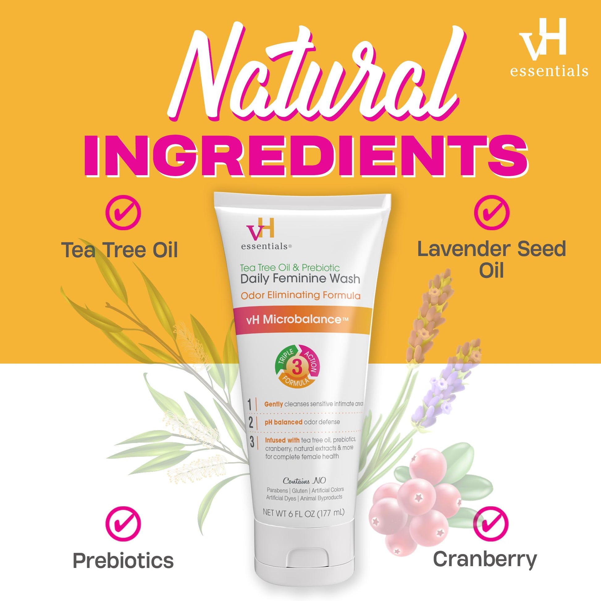 vH essentials, Ph Balanced Daily Feminine Wash, Tea Tree Oil & Prebiotic vH essentials uk supplements