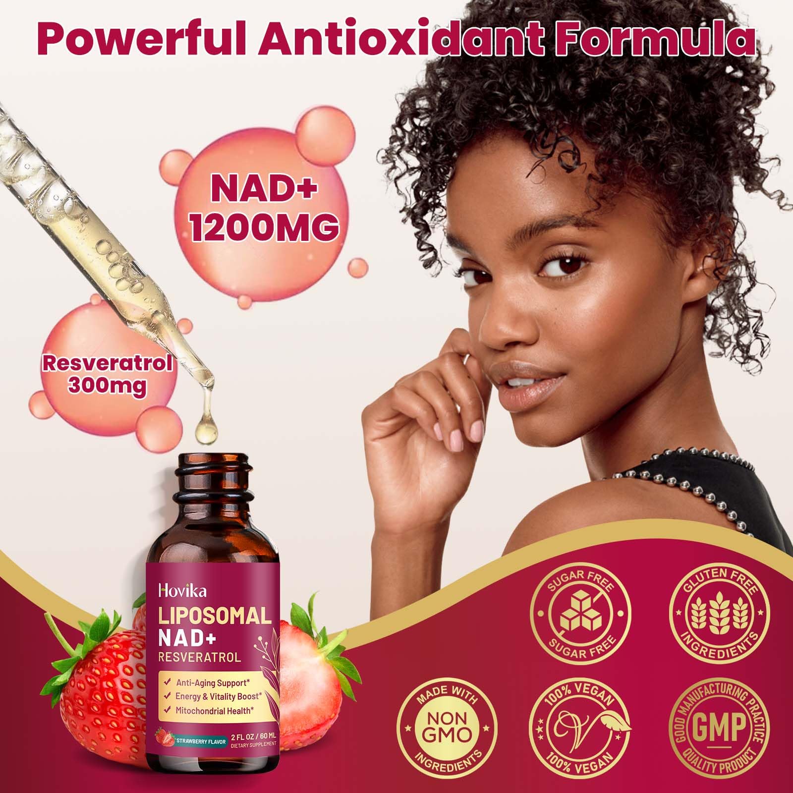 Liposomal NAD Supplement - 1200mg NAD+ Liquid Drops for Women & Men with Resveratrol, Black Pepper Extract - Support Anti-Aging, Brain & Cellular Mitochondrial Health - 2 Fl Oz, Strawberry Flavor Hovika uk supplements