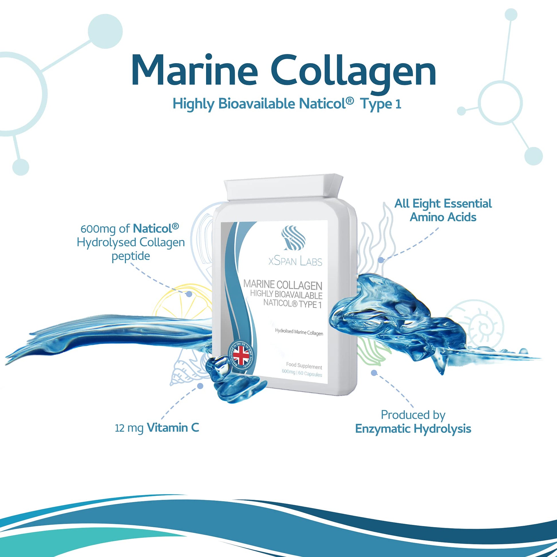 Marine Collagen 600mg 60 Capsules - Highly Bioavailable Naticol® Type 1 Xspan Labs uk supplements