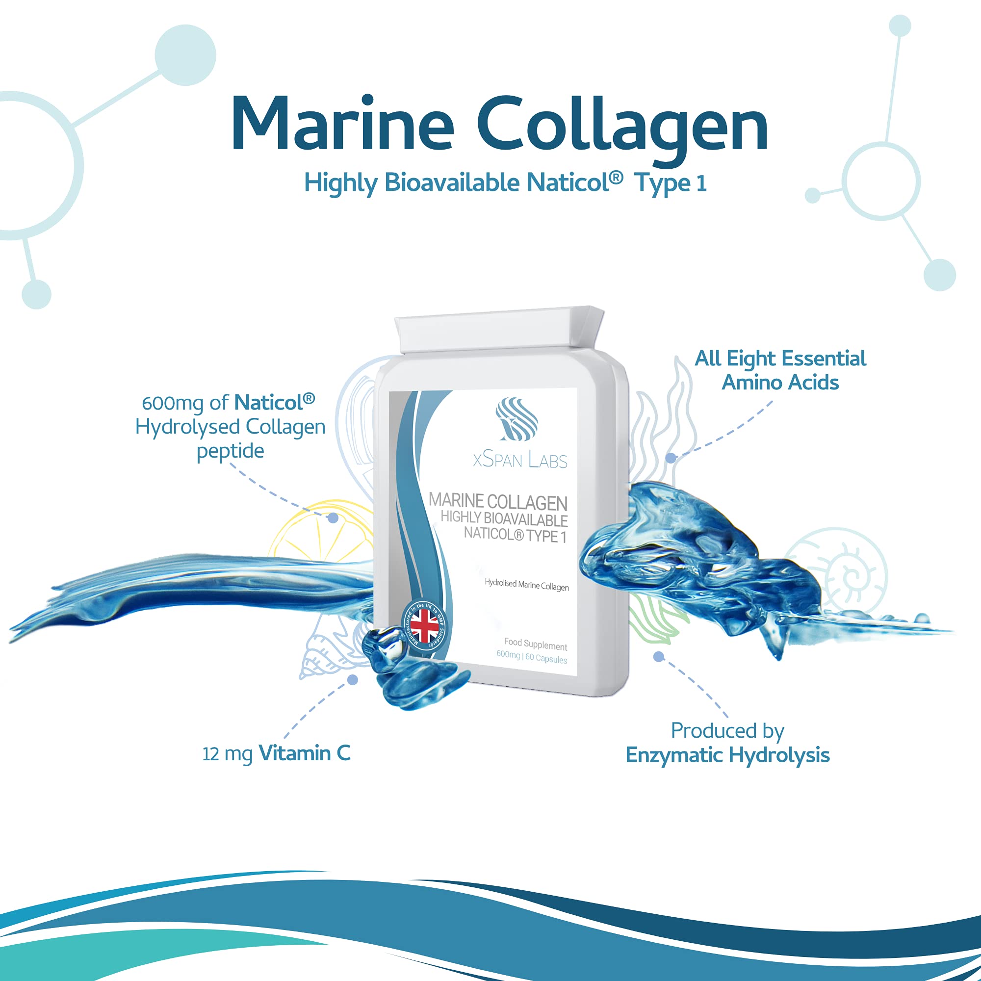 Marine Collagen 600mg 60 Capsules - Highly Bioavailable Naticol® Type 1 Xspan Labs uk supplements