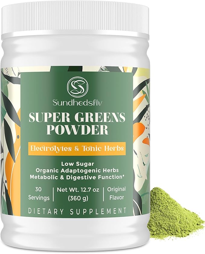 Super Greens Powder Superfood + Electrolytes & Tonic Herbs | Organic Greens, Shilajit, Adaptogens, Antioxidants, Preobiotic & Probiotic & Postbiotic| for Energy, Gut & Immune| Unflavored - 30 Servings Sundhedsliv uk supplements