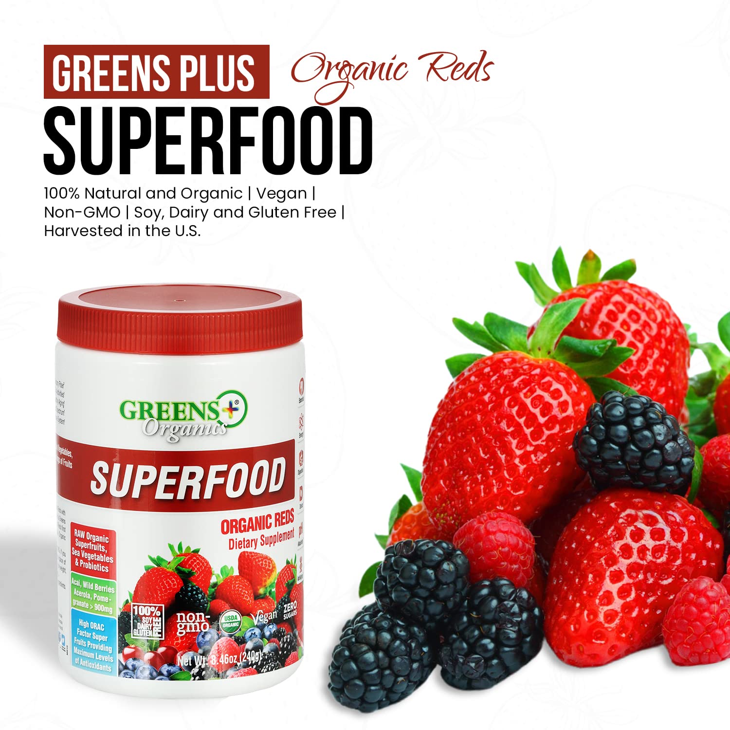 Greens+ Organic Reds Superfood Powder Camu Camu Dietary 400mg Vitamin C SuperFruit Supplement 120 Capsules, 100% Natural, Vitamins & Minerals, Vegan, Soy/Dairy/Gluten Free Greens+ uk supplements
