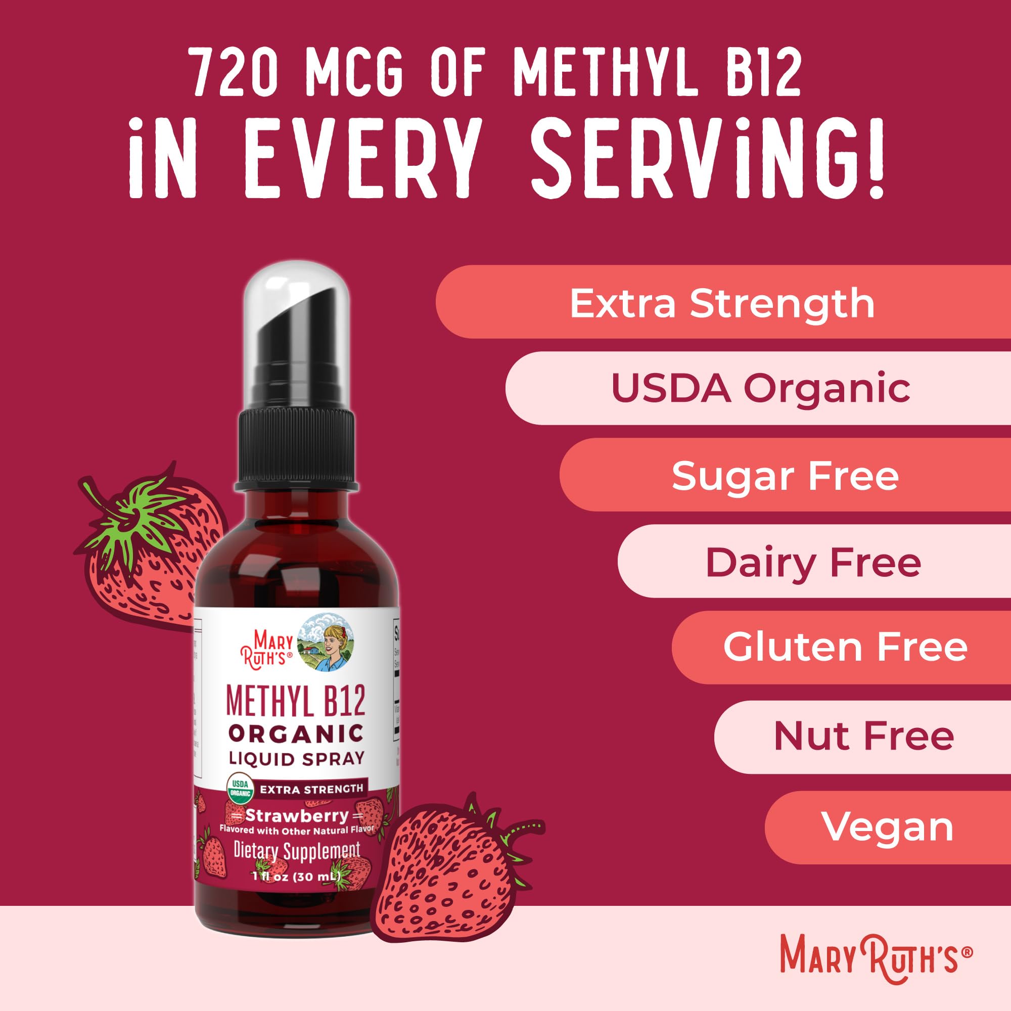 MaryRuth Organics Vitamin B12 Liquid Spray | Vegan, Non-GMO, Gluten-Free | USDA Organic Supplement | Energy & Nervous System Support | B12 Vitamins for Women & Men | 720 mcg | 1 Fl Oz MARYRUTH'S uk supplements