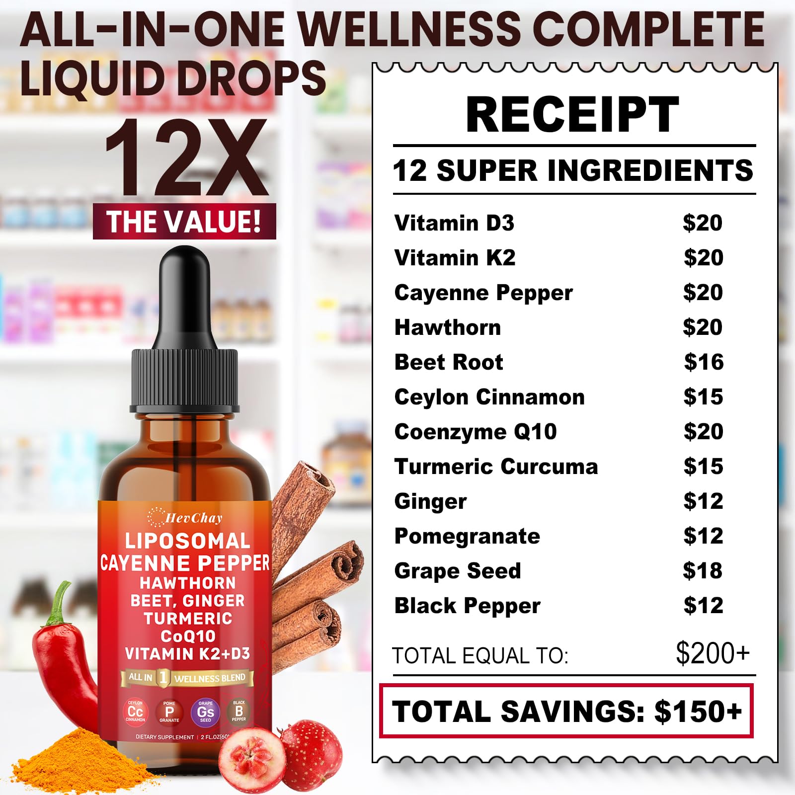 Cayenne Pepper Drops Liposomal Supplement Liquid + Hawthorn Berry, Vitamin D3 K2 Beet Root Powder, Ceylon Cinnamon, CoQ10, Turmeric Curcumin, Cayenne Pepper Extract - 2oz HevChay uk supplements