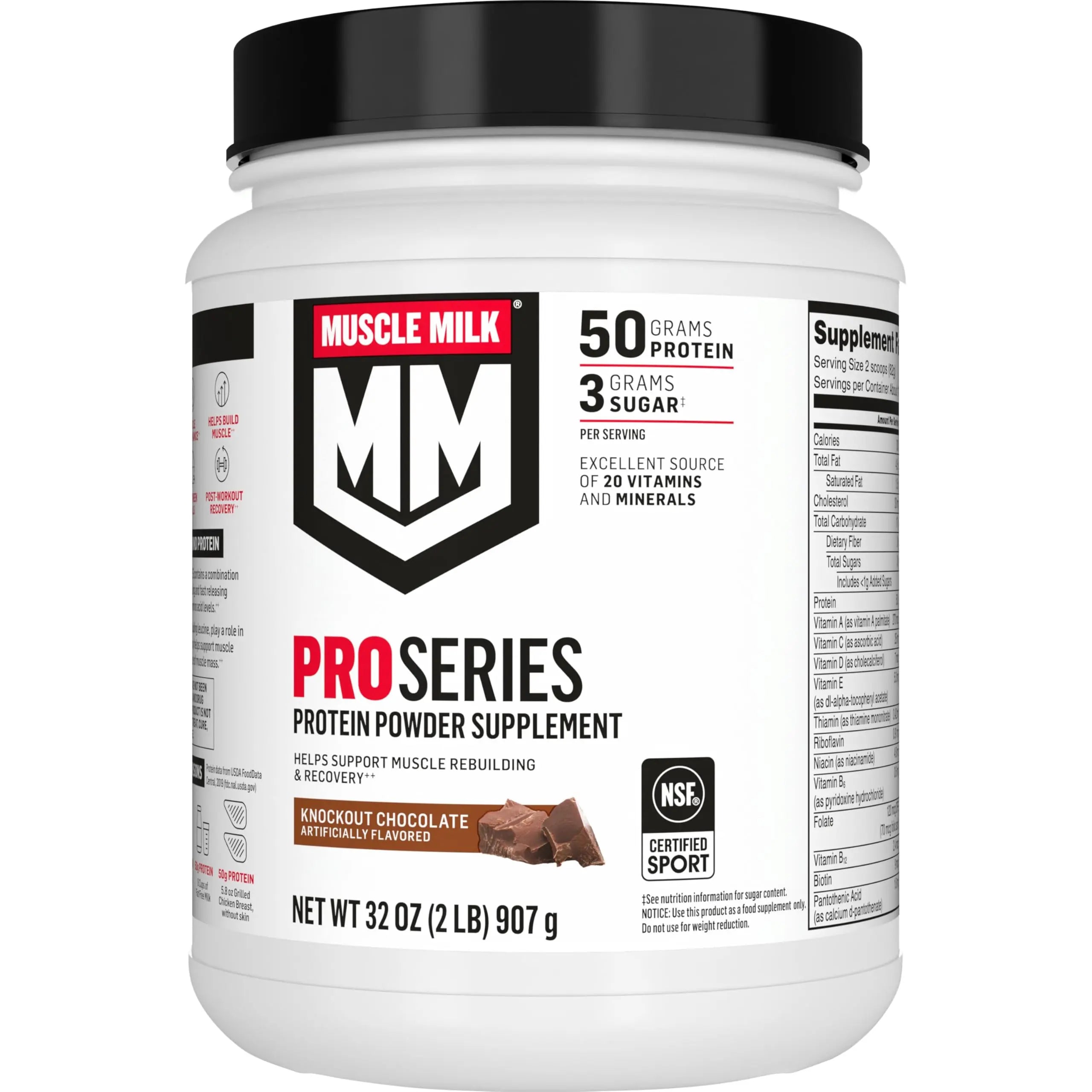 Muscle Milk Pro Series Protein Powder Supplement,Knockout Chocolate,2 Pound,11 Servings,50g Protein,3g Sugar,20 Vitamins & Minerals,NSF Certified for Sport,Workout Recovery,Packaging May Vary Muscle Milk uk supplements